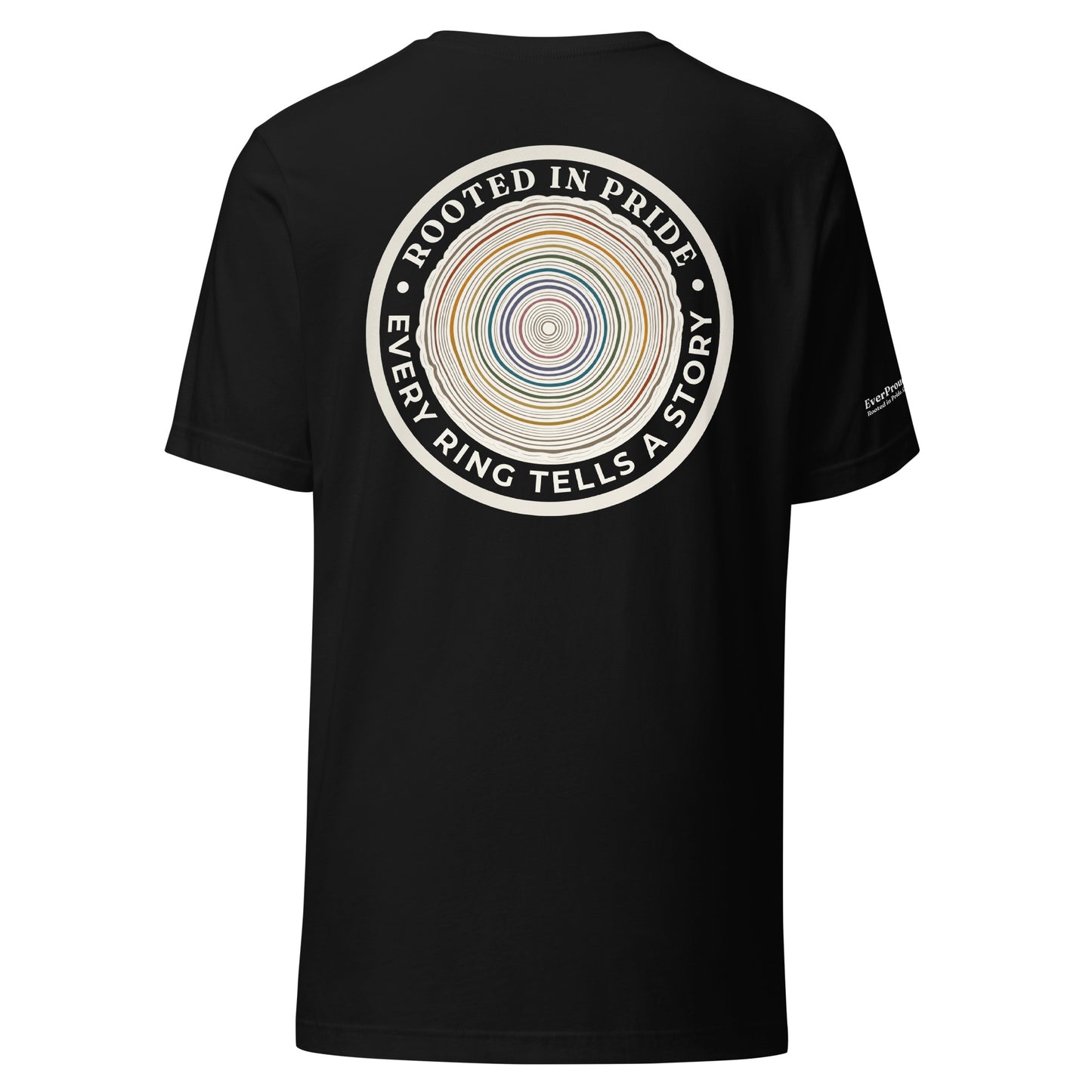 Quiet Rings T-Shirt — black, back view, queer-owned PNW Pride apparel
