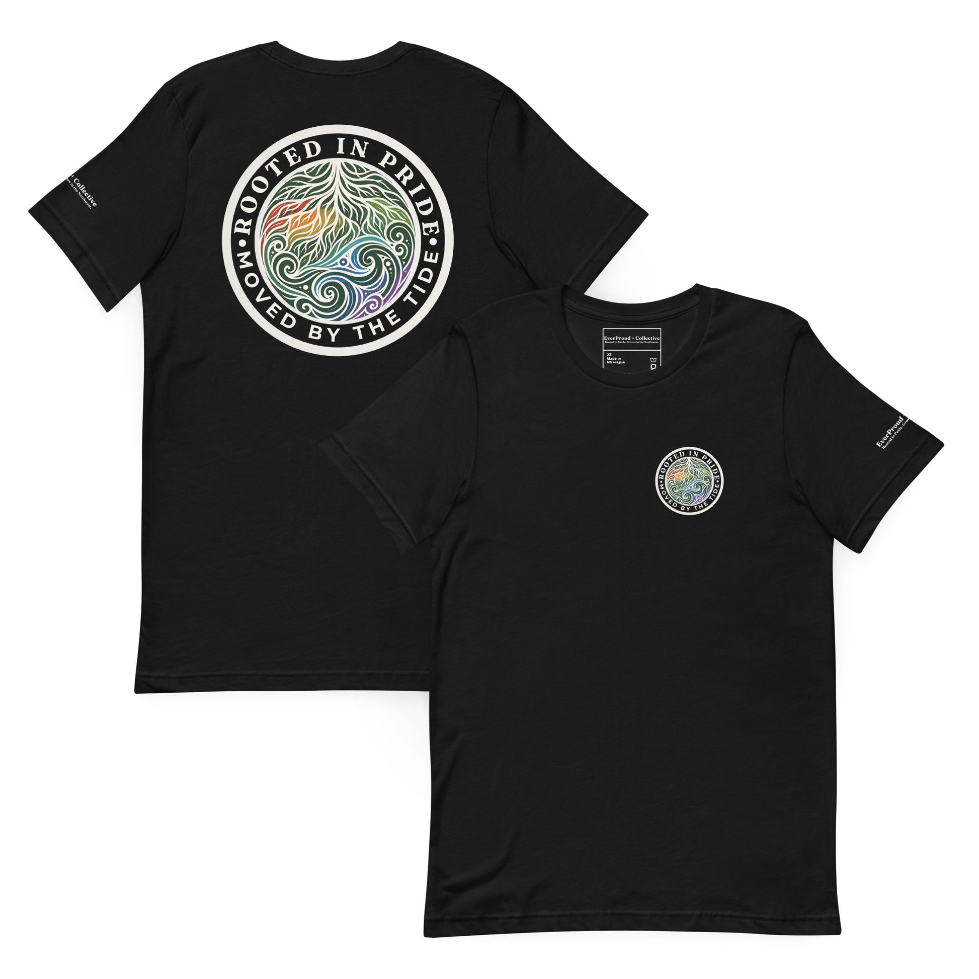 Moved by the Tide T-Shirt — black, front and back view, queer-owned PNW Pride apparel