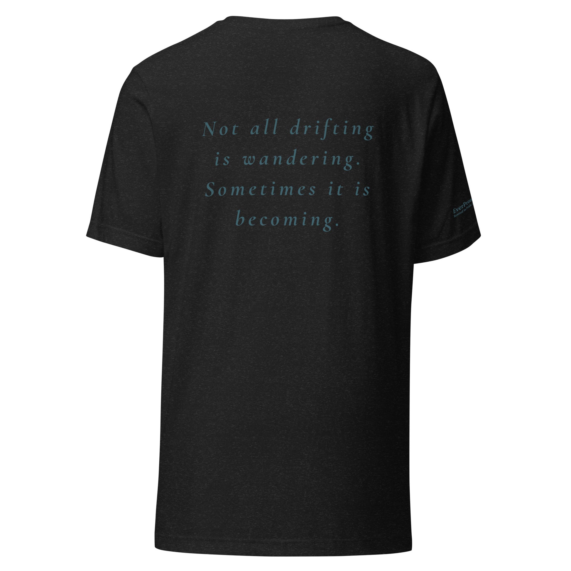 Drift T-Shirt — black heather, back view, queer-owned PNW Pride apparel