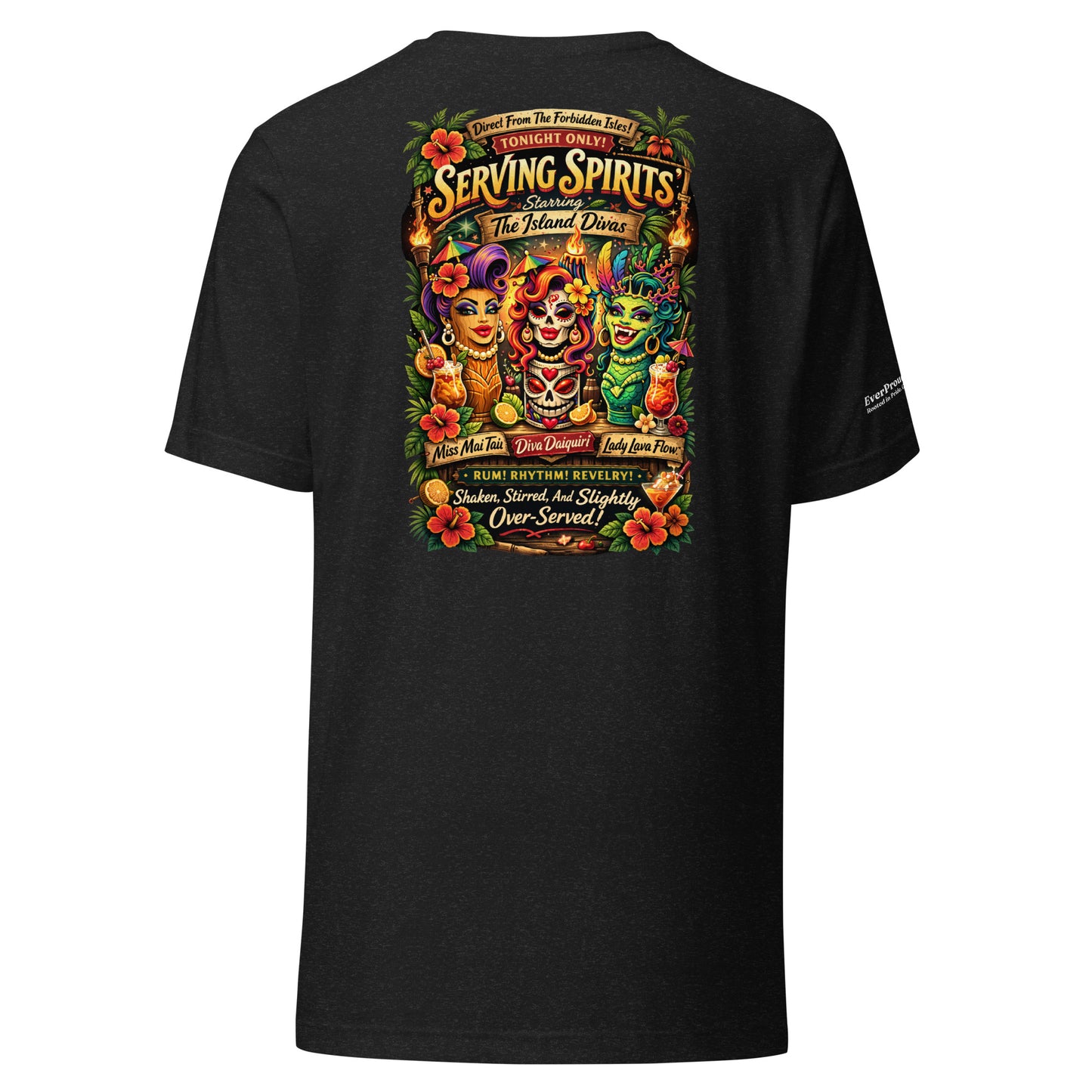 Serving Spirits Retro Tiki T-Shirt — black heather, back view, queer-owned PNW Pride apparel
