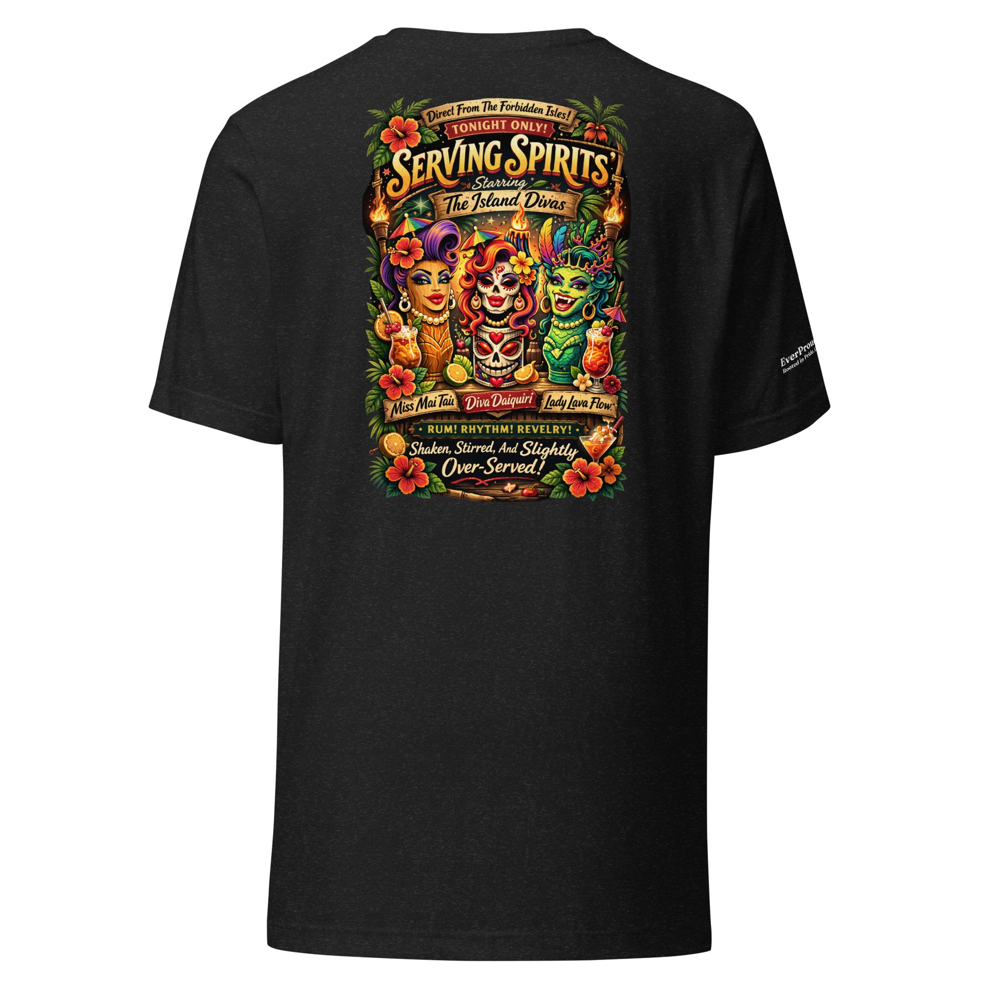 Serving Spirits Retro Tiki T-Shirt — black heather, back view, queer-owned PNW Pride apparel