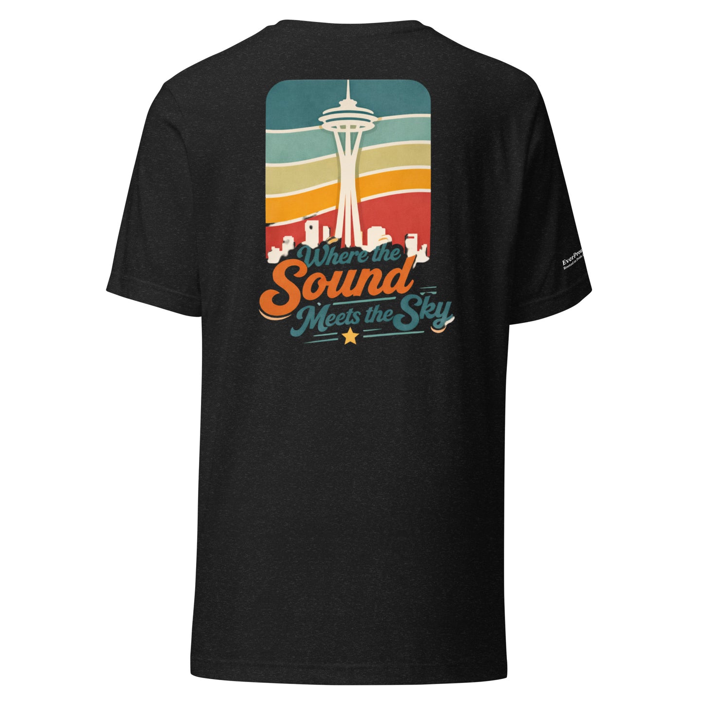 Where the Sound Meets the Sky T-Shirt — black heather, back view, queer-owned PNW Pride apparel