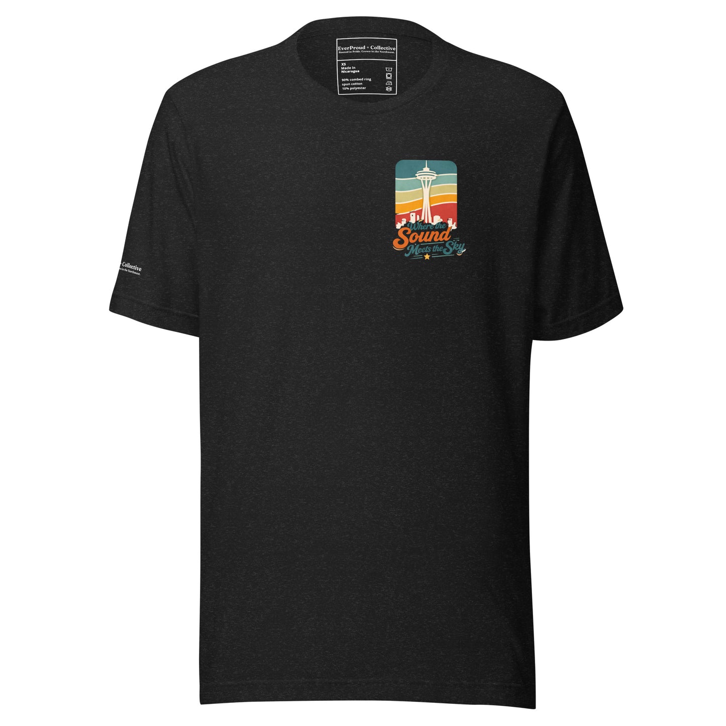 Where the Sound Meets the Sky T-Shirt — black heather, front view, queer-owned PNW Pride apparel