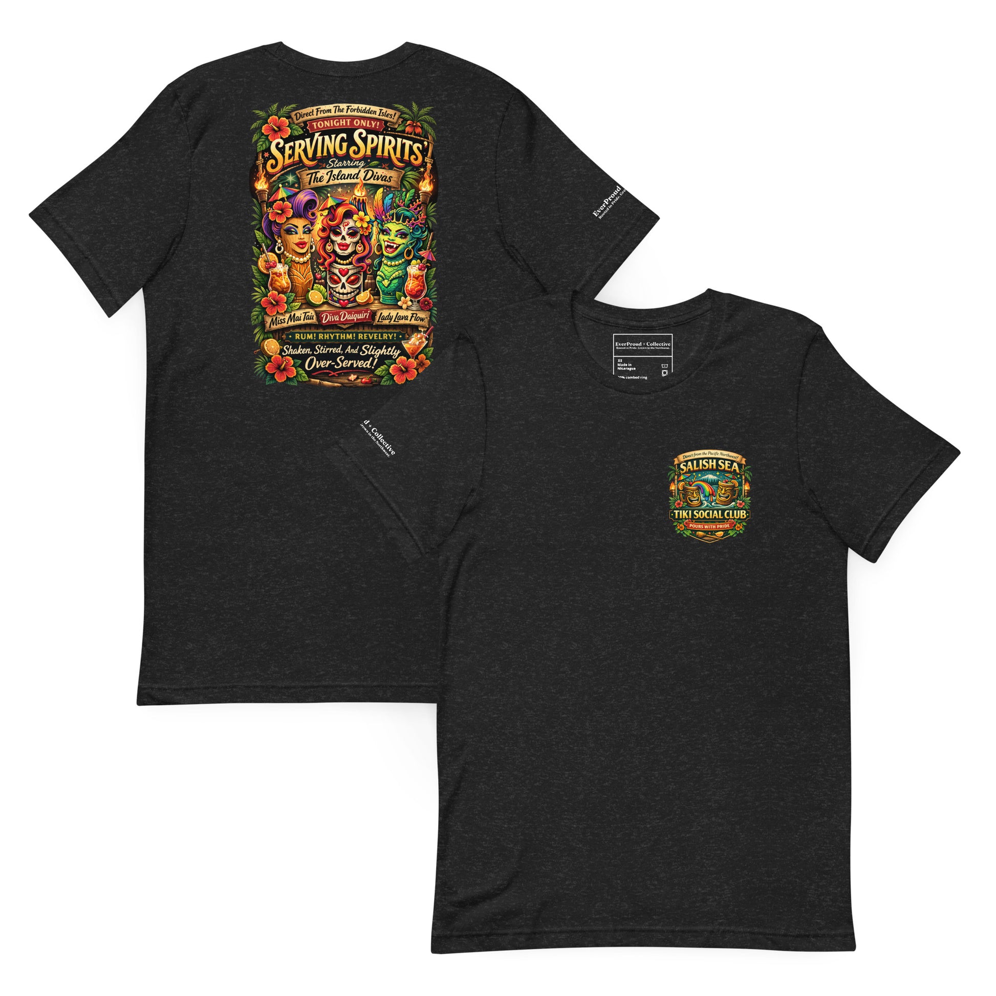 Serving Spirits Retro Tiki T-Shirt — black heather, front and back view, queer-owned PNW Pride apparel
