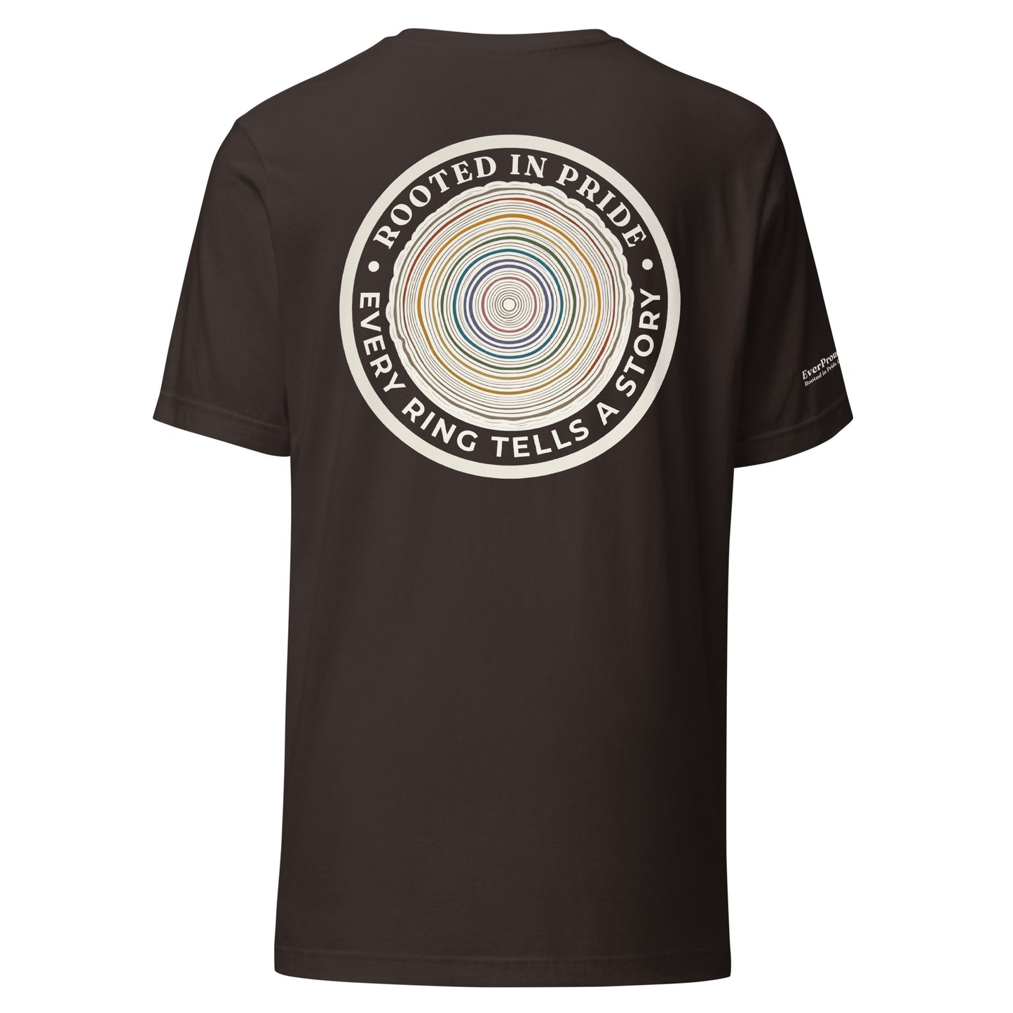 Quiet Rings T-Shirt — brown, back view, queer-owned PNW Pride apparel