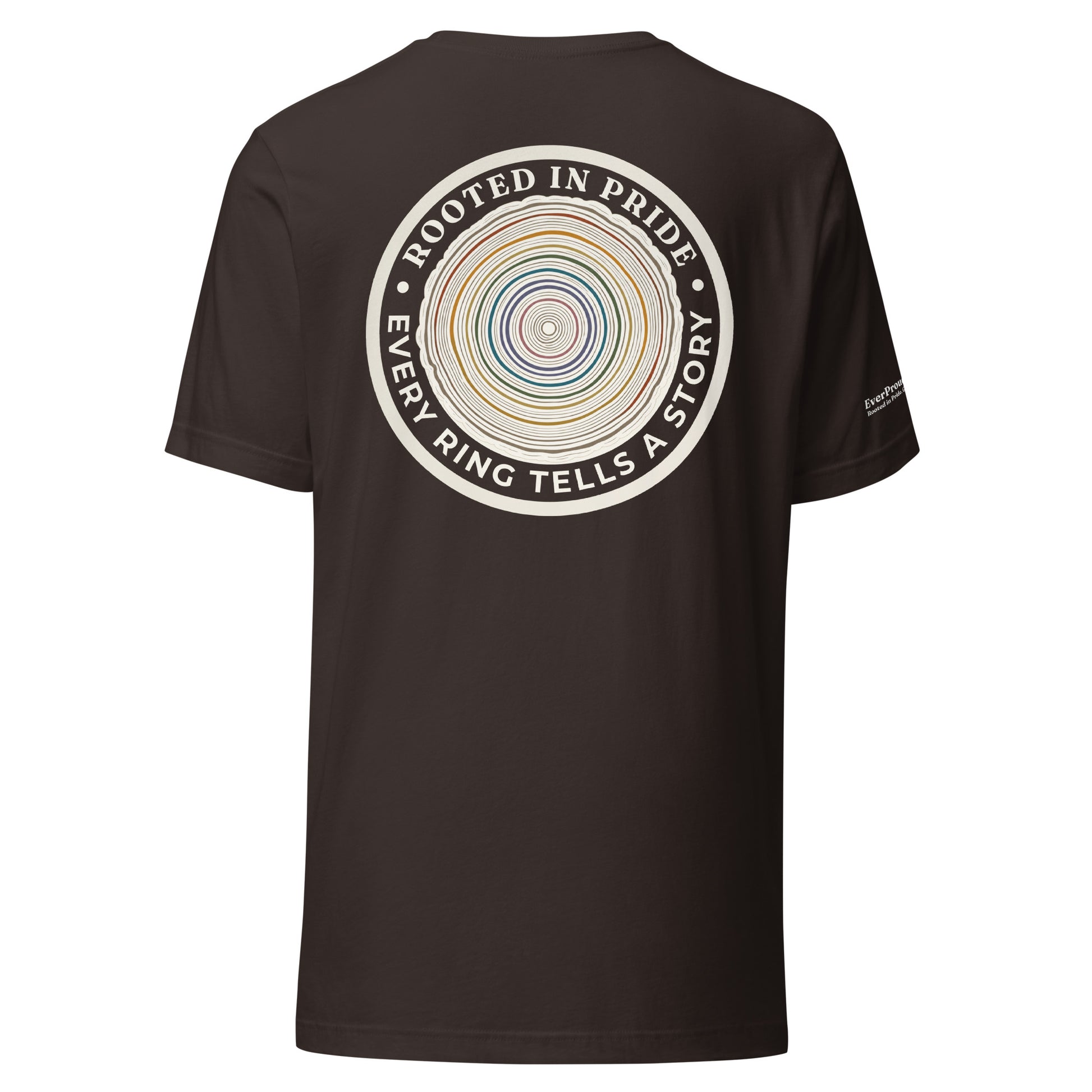 Quiet Rings T-Shirt — brown, back view, queer-owned PNW Pride apparel