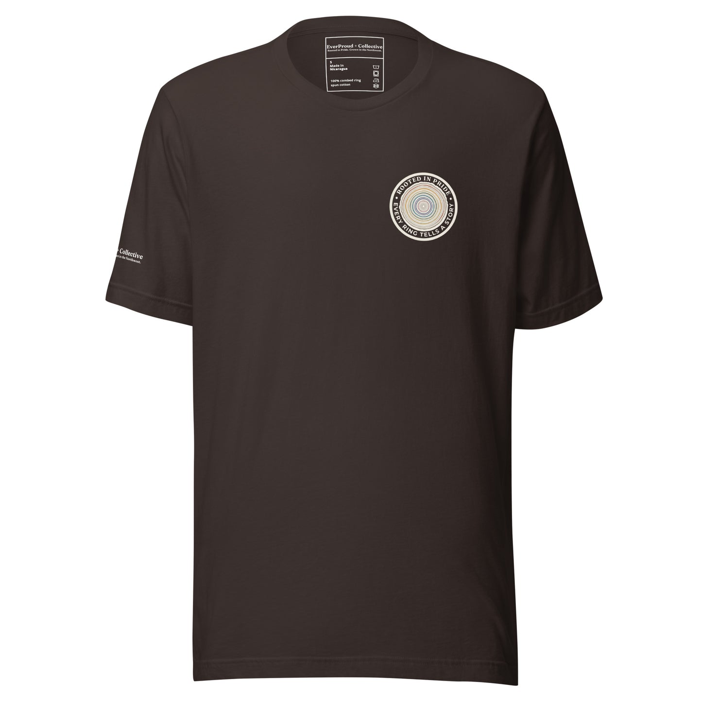 Quiet Rings T-Shirt — brown, front view, queer-owned PNW Pride apparel