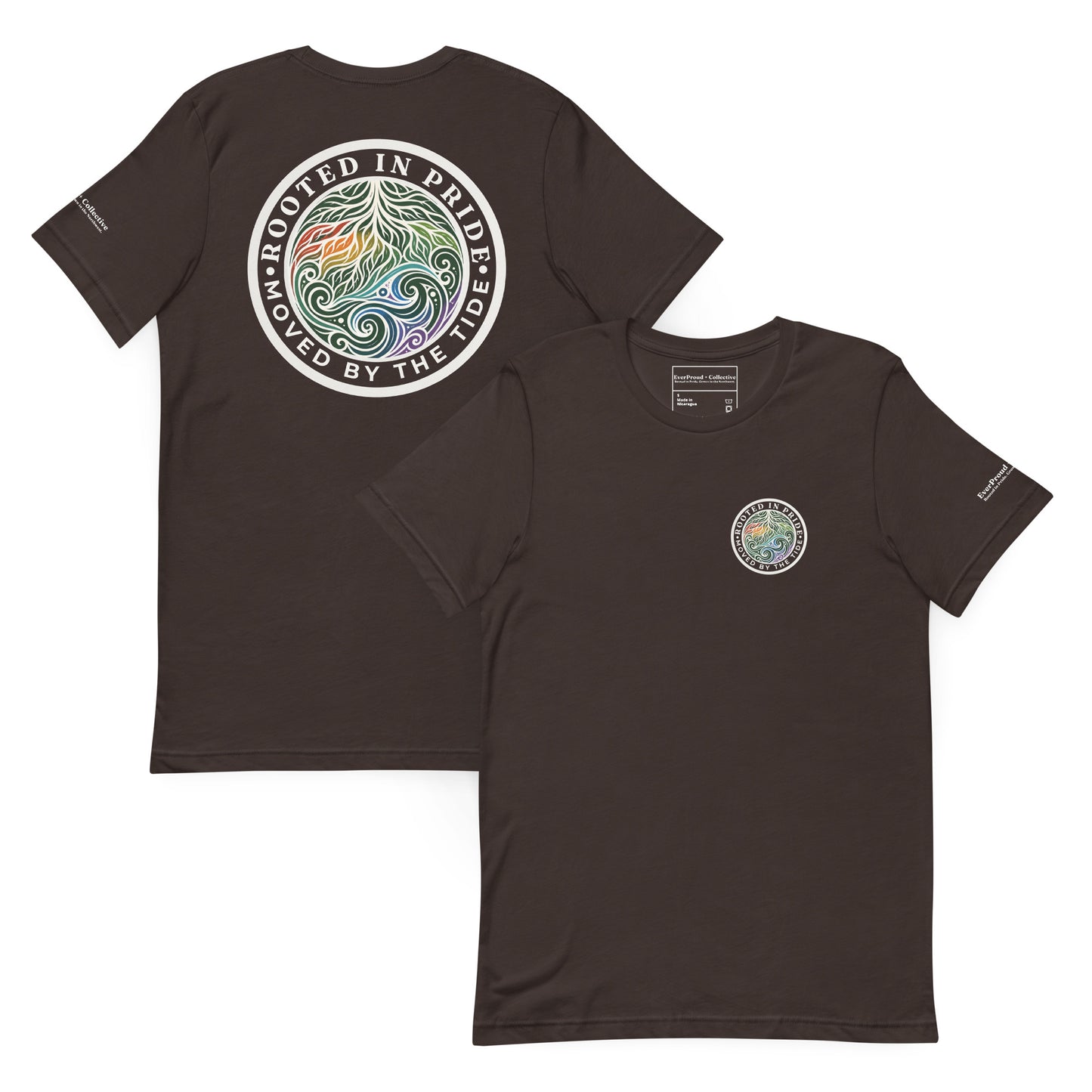 Moved by the Tide T-Shirt — brown, front and back view, queer-owned PNW Pride apparel