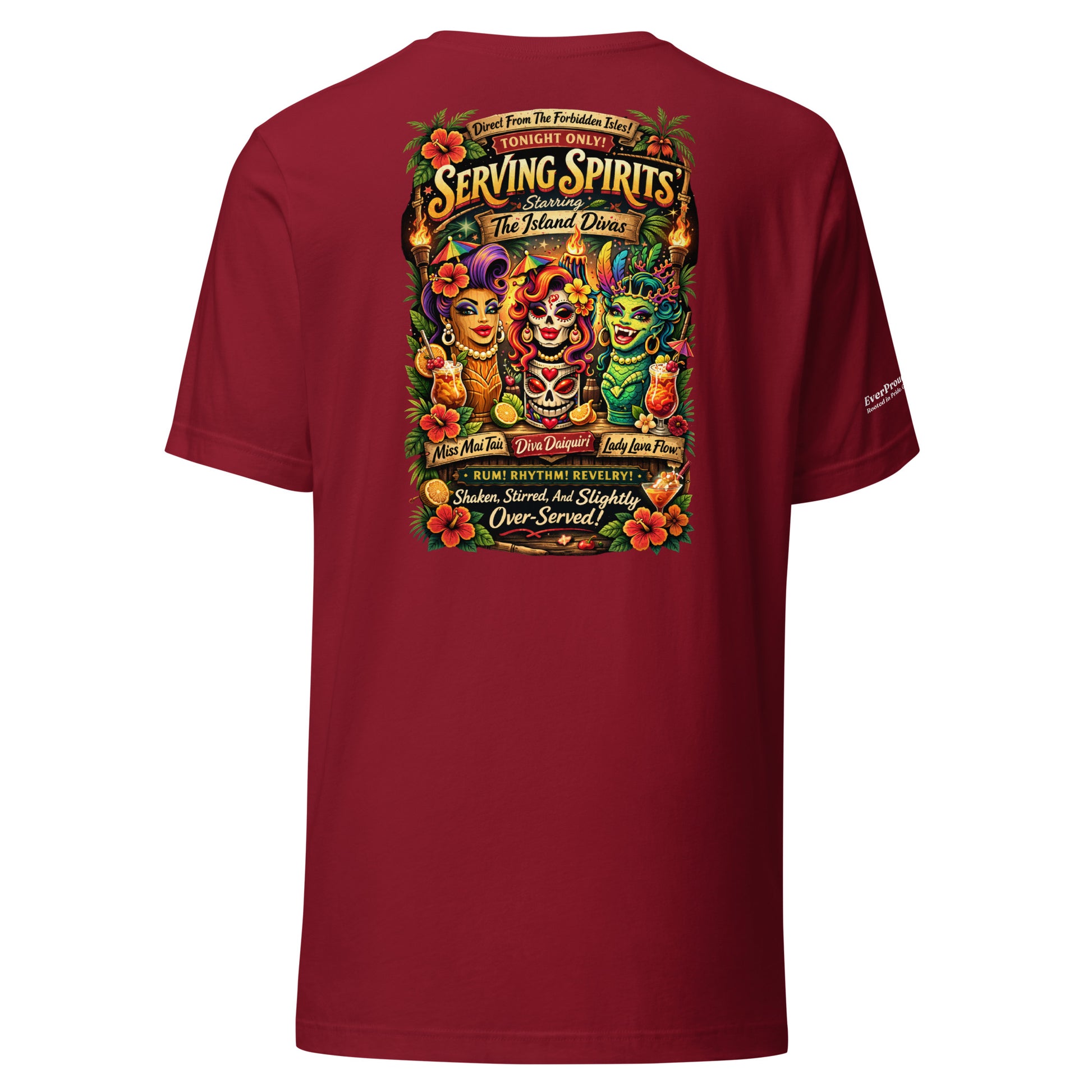 Serving Spirits Retro Tiki T-Shirt — cardinal, back view, queer-owned PNW Pride apparel
