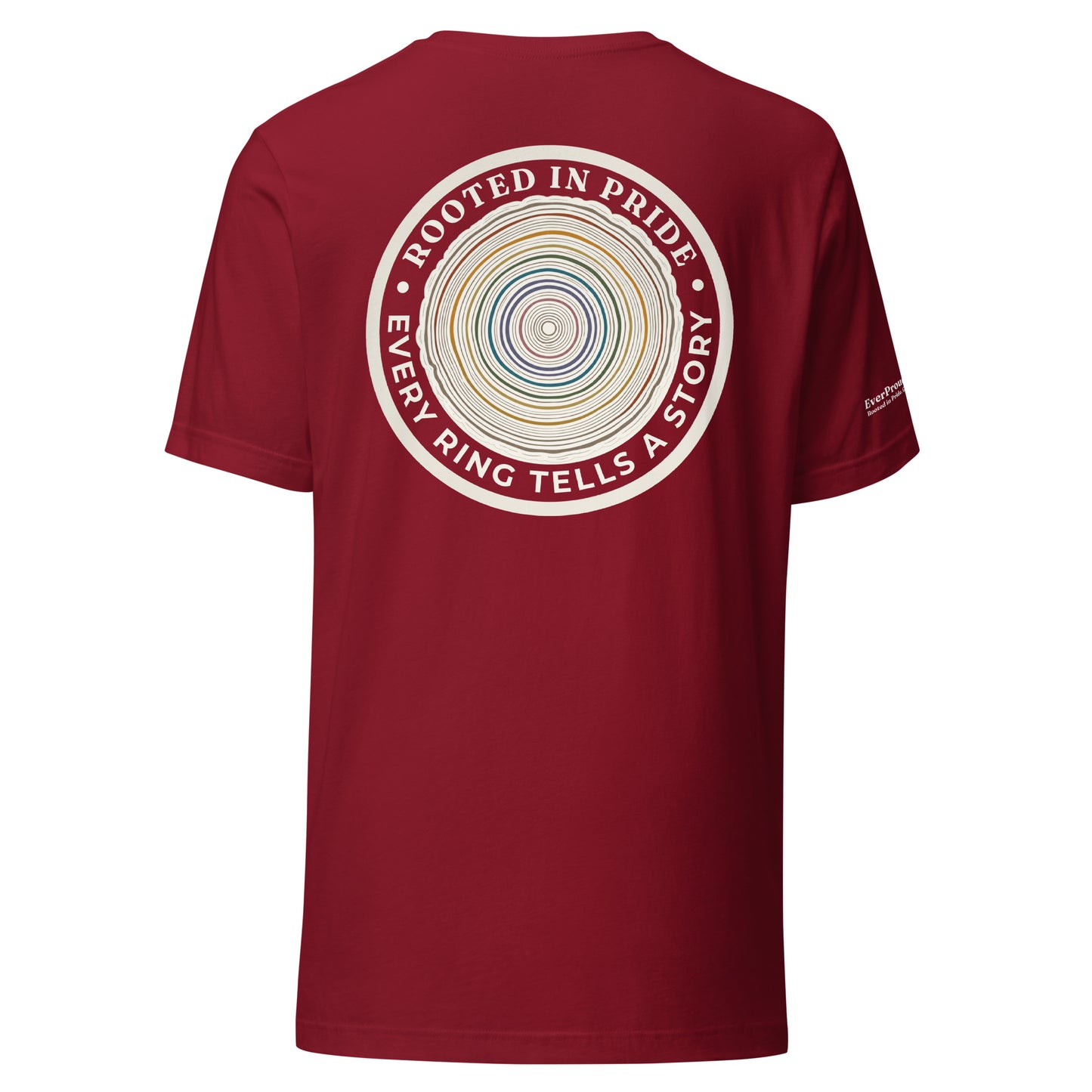Quiet Rings T-Shirt — cardinal, back view, queer-owned PNW Pride apparel