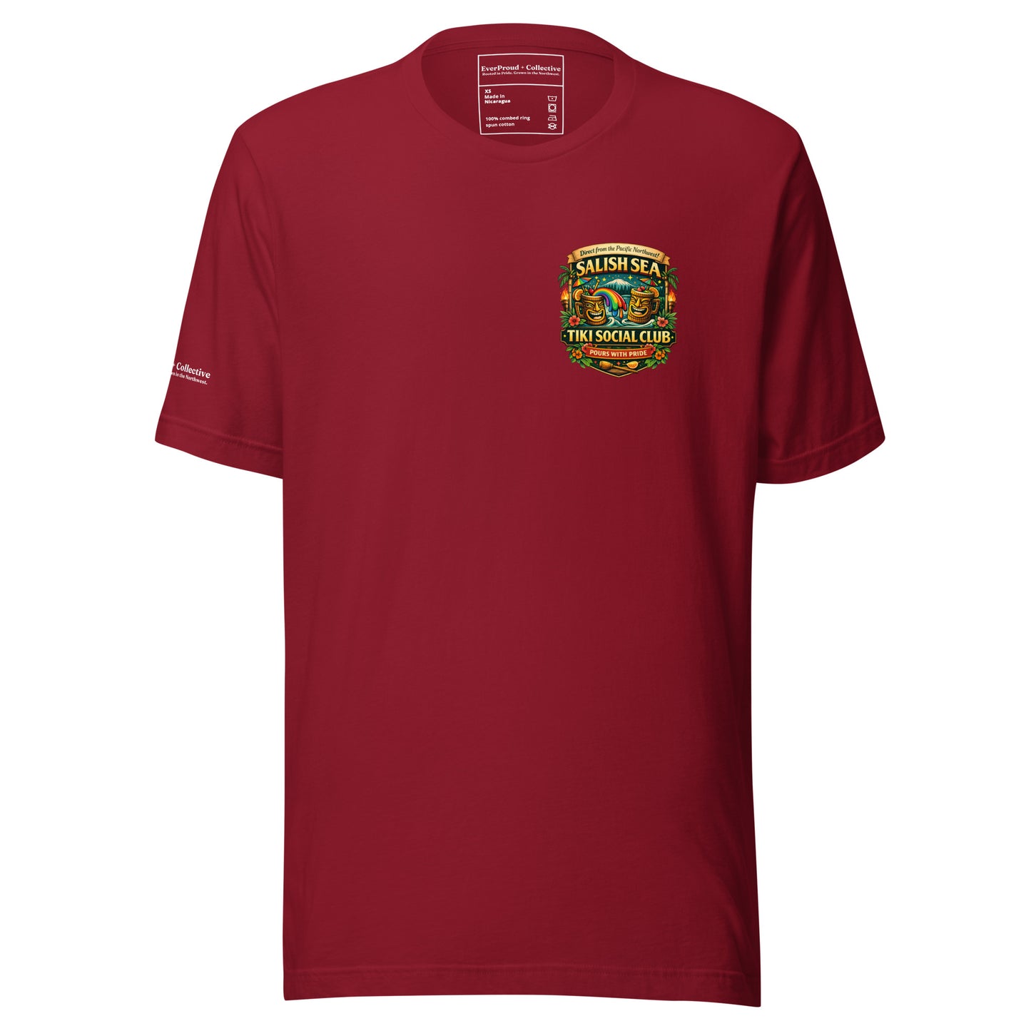 Serving Spirits Retro Tiki T-Shirt — cardinal, front view, queer-owned PNW Pride apparel