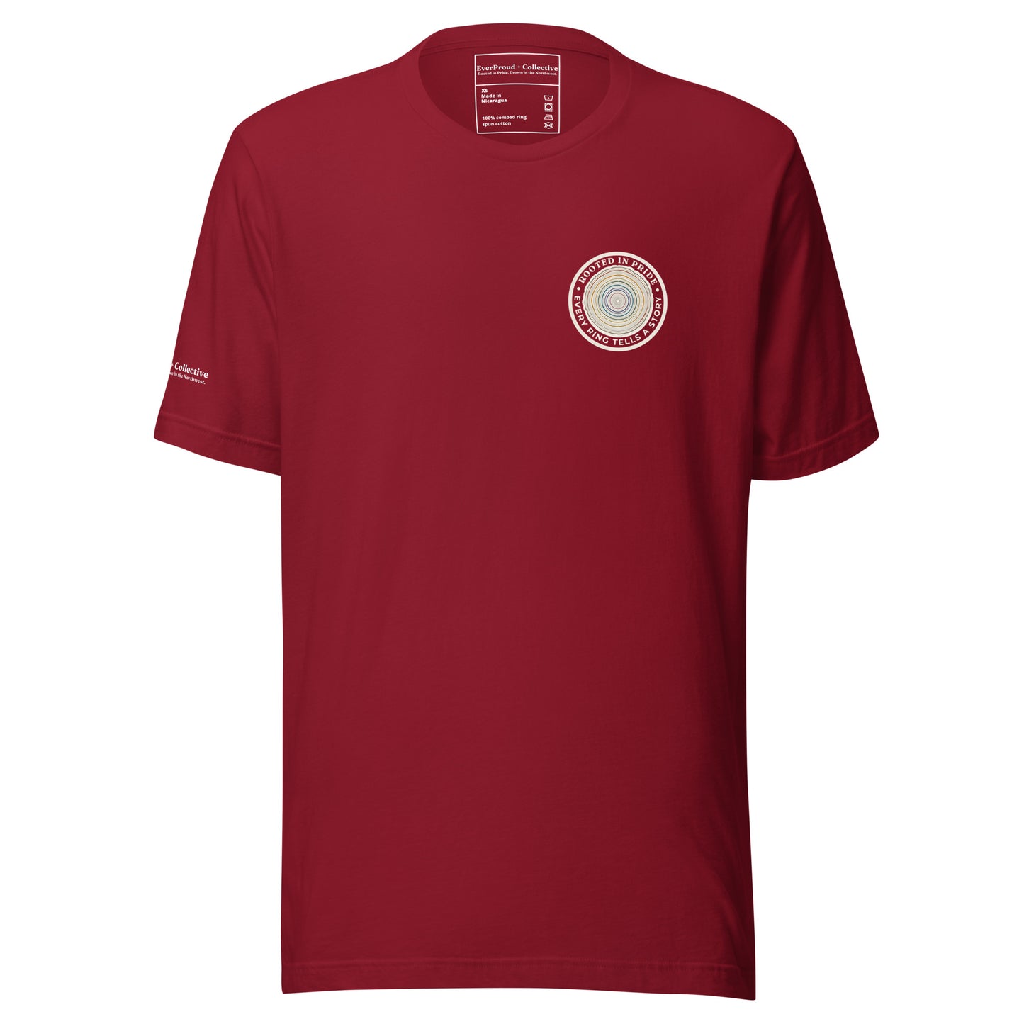 Quiet Rings T-Shirt — cardinal, front view, queer-owned PNW Pride apparel