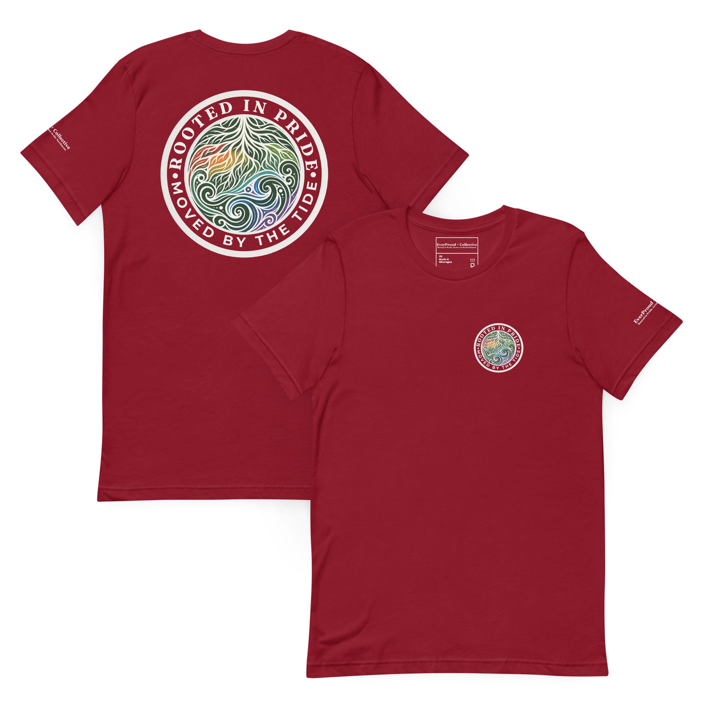 Moved by the Tide T-Shirt — cardinal, front and back view, queer-owned PNW Pride apparel