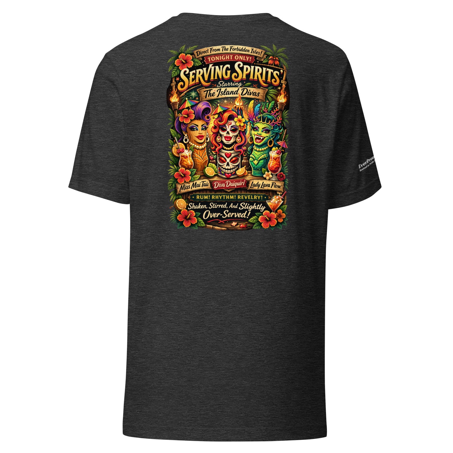 Serving Spirits Retro Tiki T-Shirt — dark grey heather, back view, queer-owned PNW Pride apparel