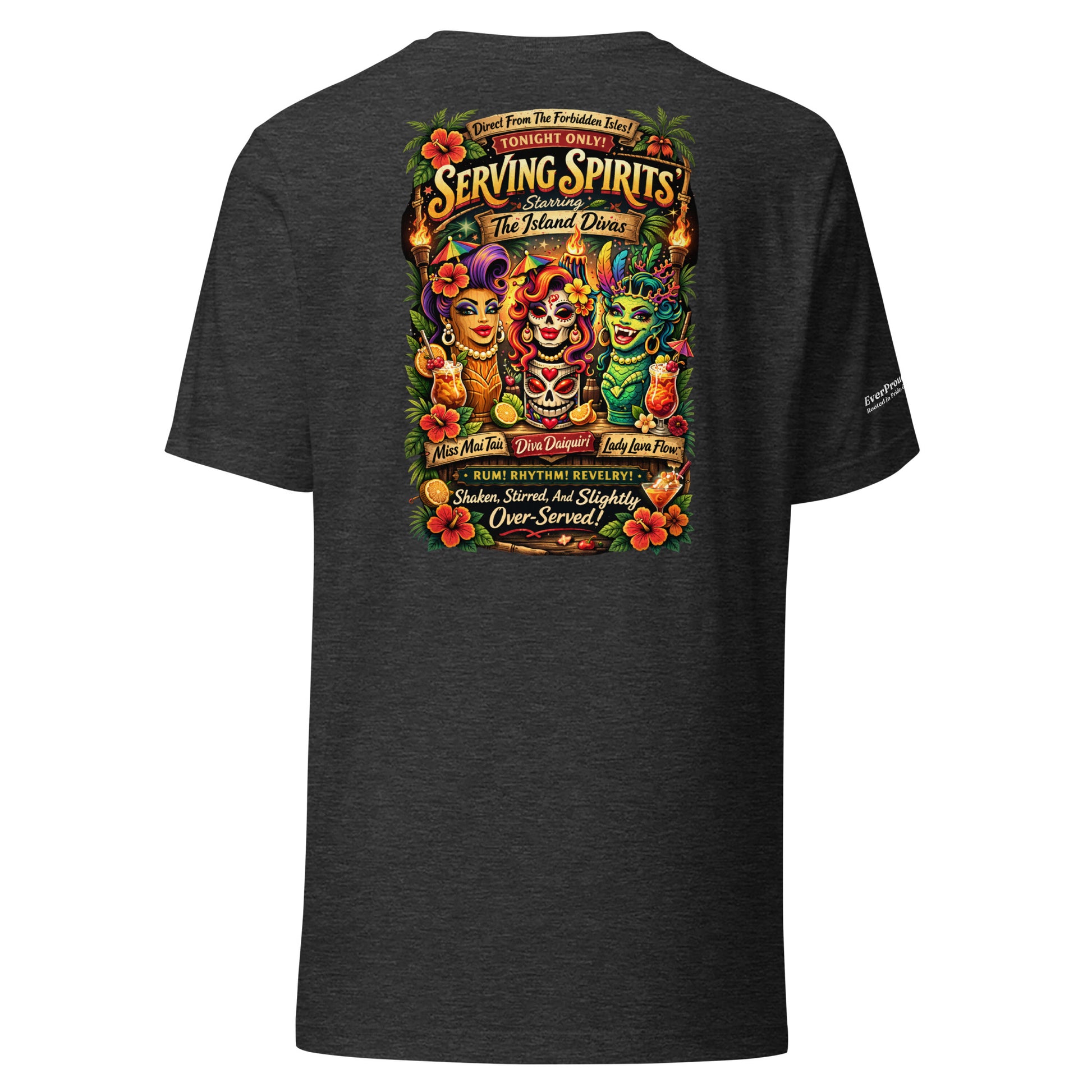 Serving Spirits Retro Tiki T-Shirt — dark grey heather, back view, queer-owned PNW Pride apparel