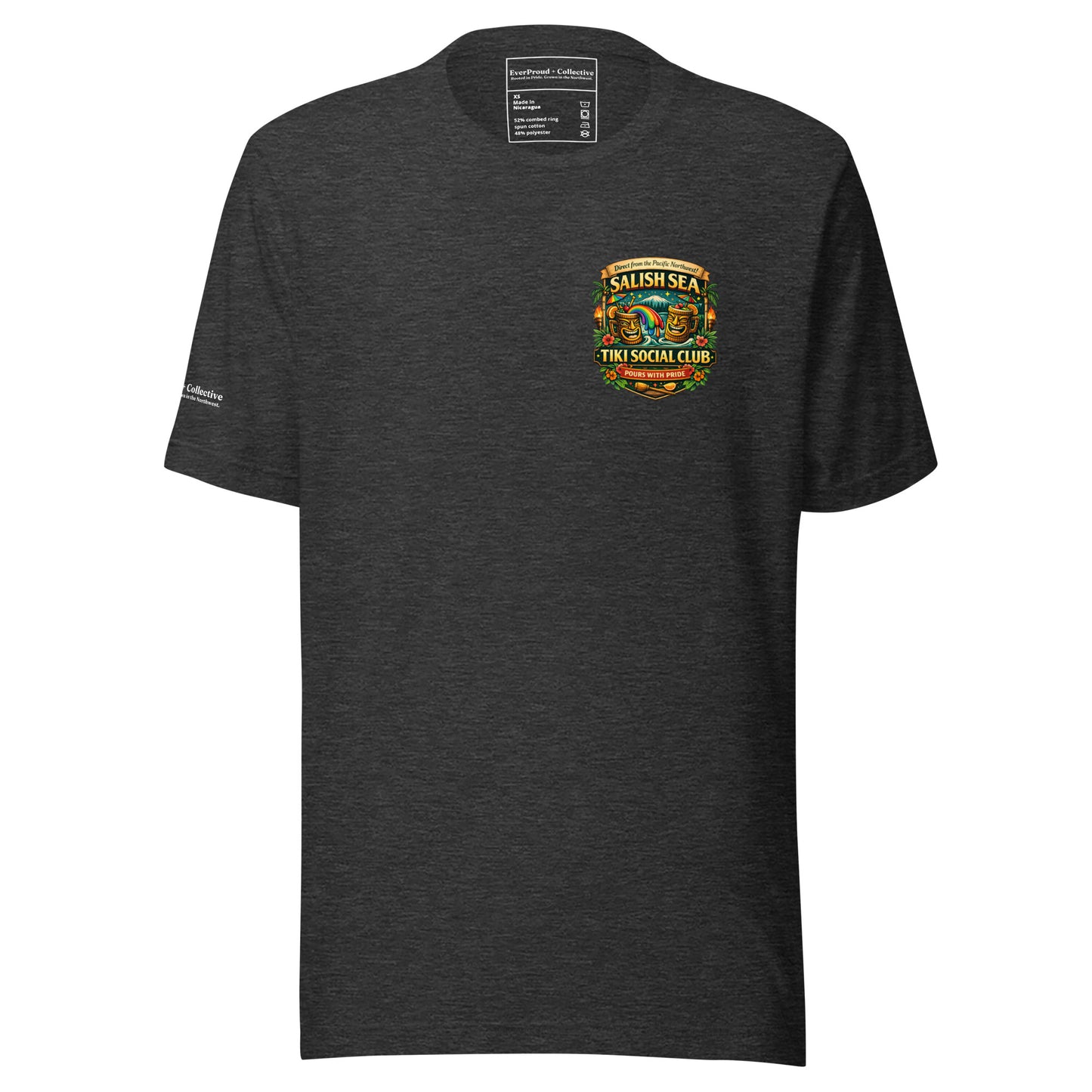 Serving Spirits Retro Tiki T-Shirt — dark grey heather, front view, queer-owned PNW Pride apparel