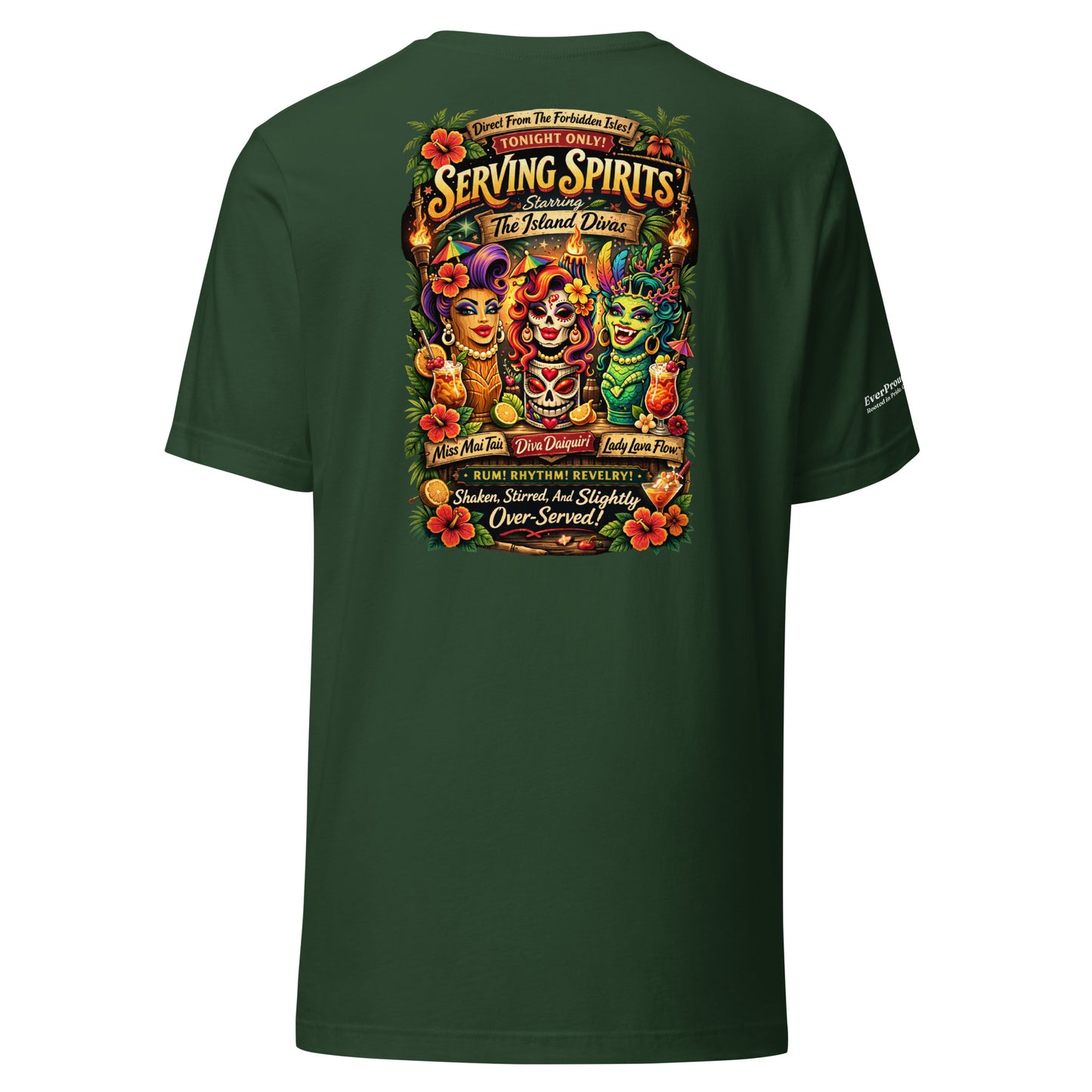 Serving Spirits Retro Tiki T-Shirt — forest green, back view, queer-owned PNW Pride apparel