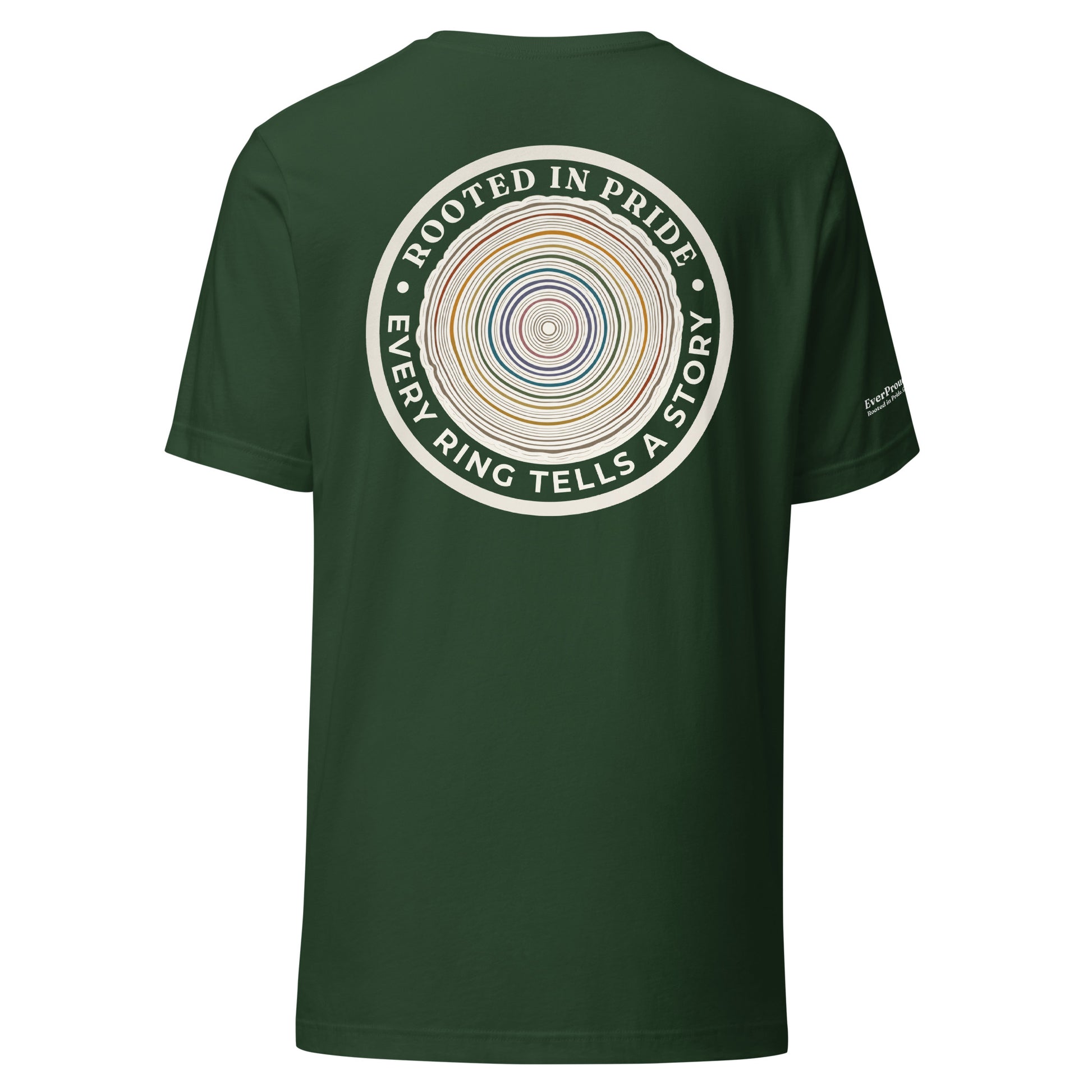 Quiet Rings T-Shirt — forest, back view, queer-owned PNW Pride apparel