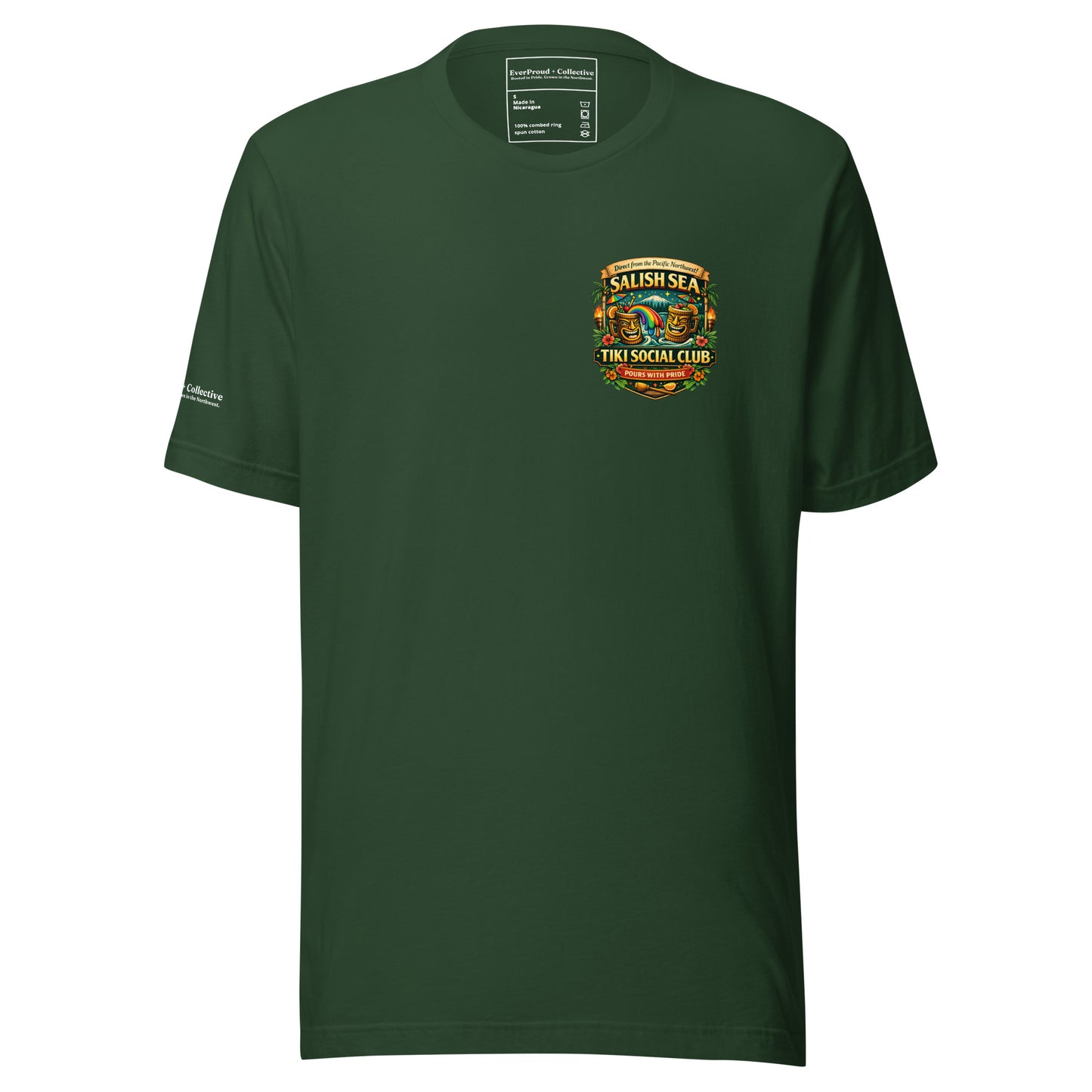 Serving Spirits Retro Tiki T-Shirt — forest green, front view, queer-owned PNW Pride apparel