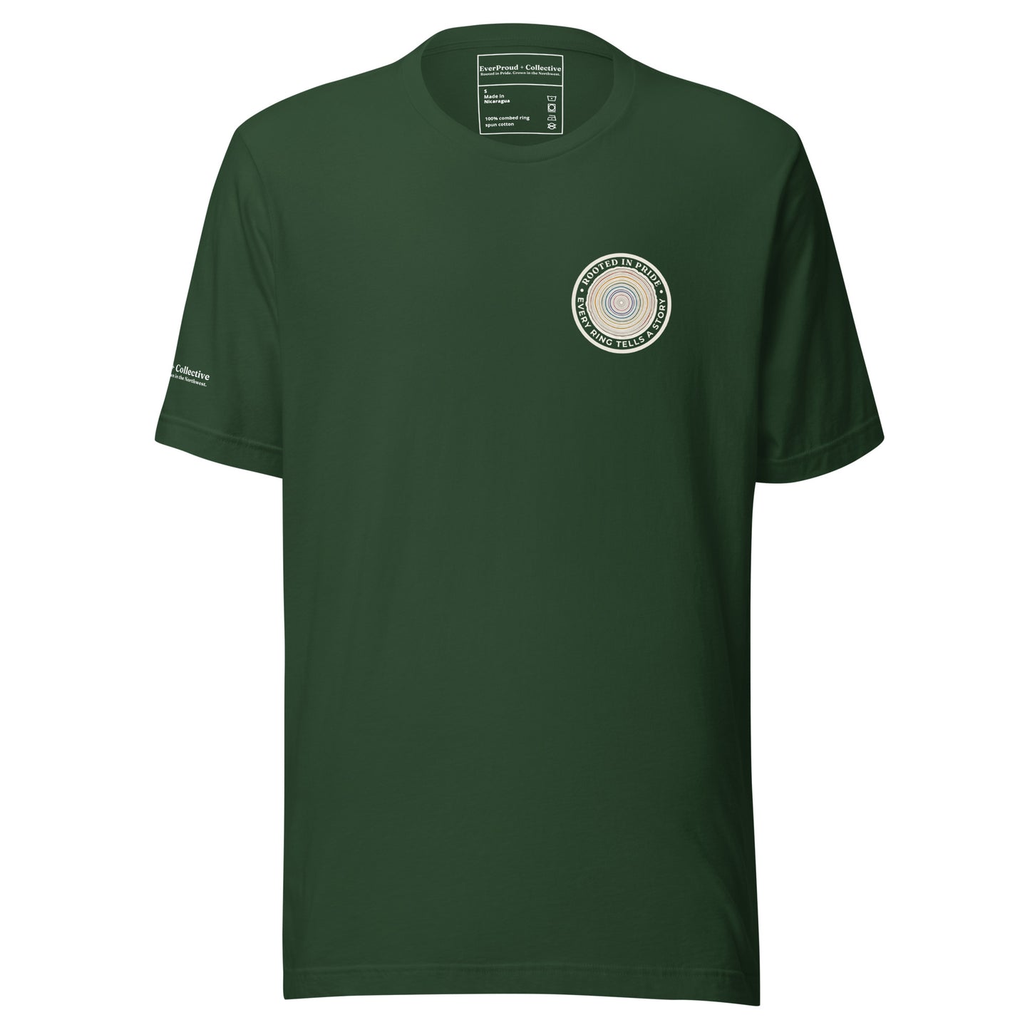 Quiet Rings T-Shirt — forest, front view, queer-owned PNW Pride apparel