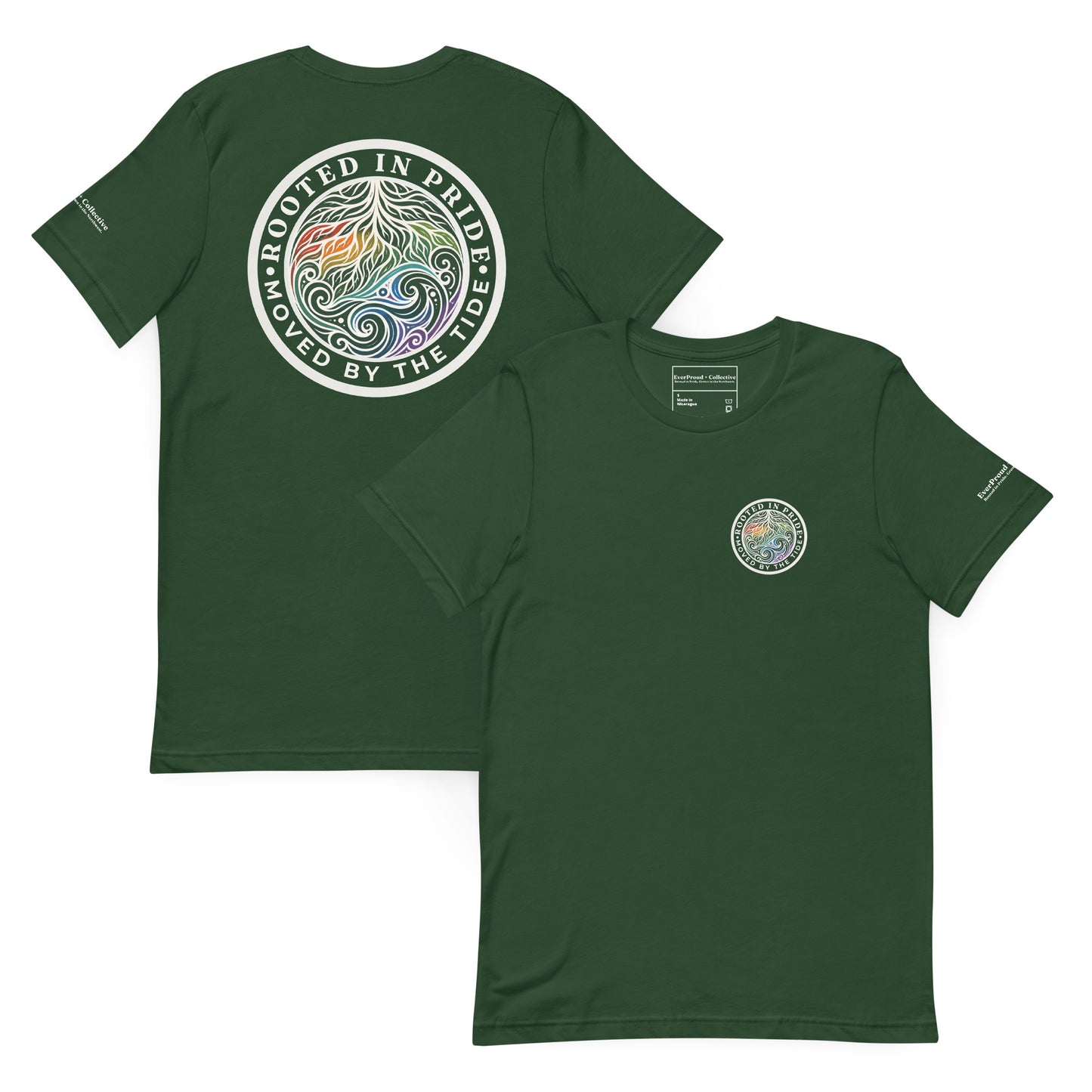 Moved by the Tide T-Shirt — forest, front and back view, queer-owned PNW Pride apparel