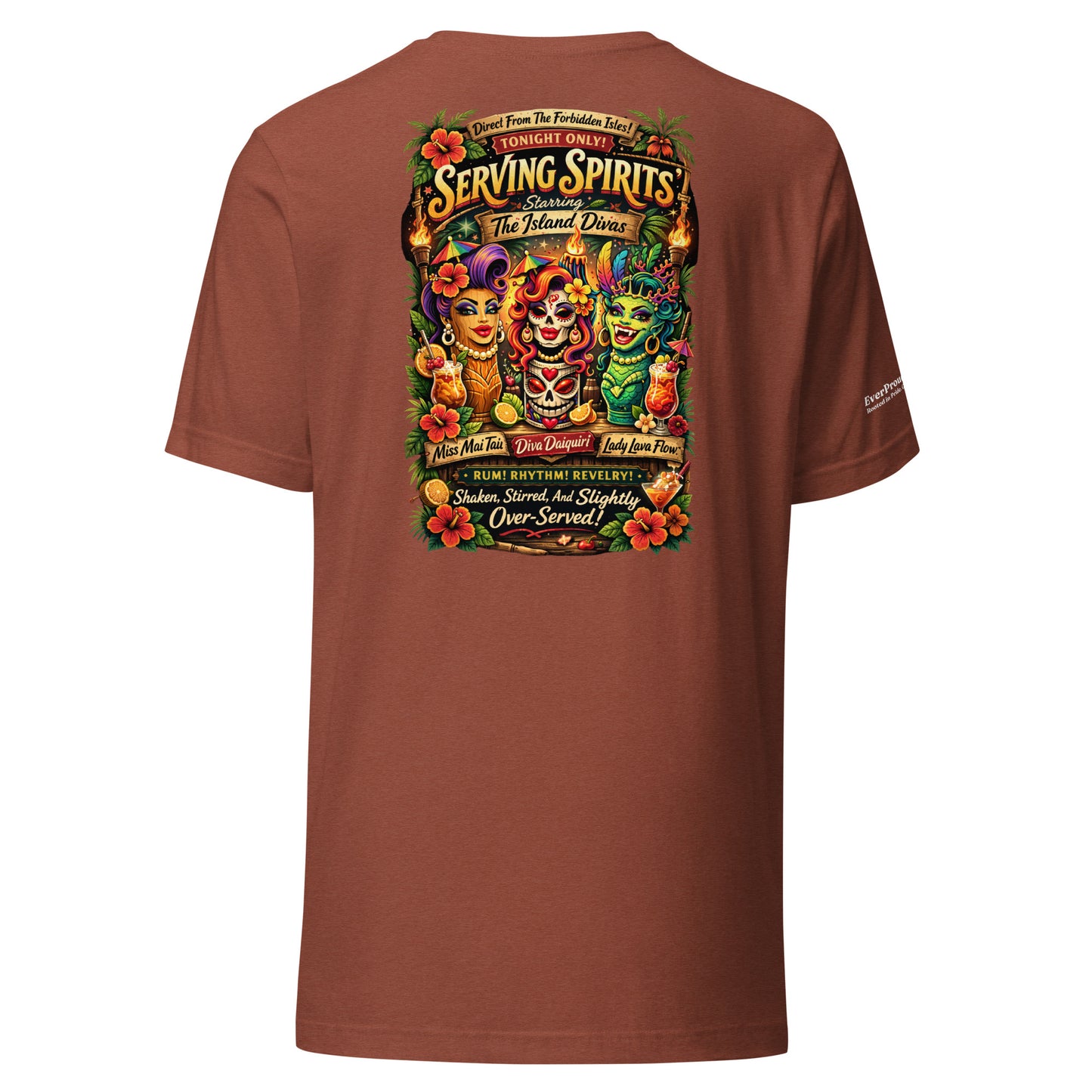 Serving Spirits Retro Tiki T-Shirt — heather clay, back view, queer-owned PNW Pride apparel