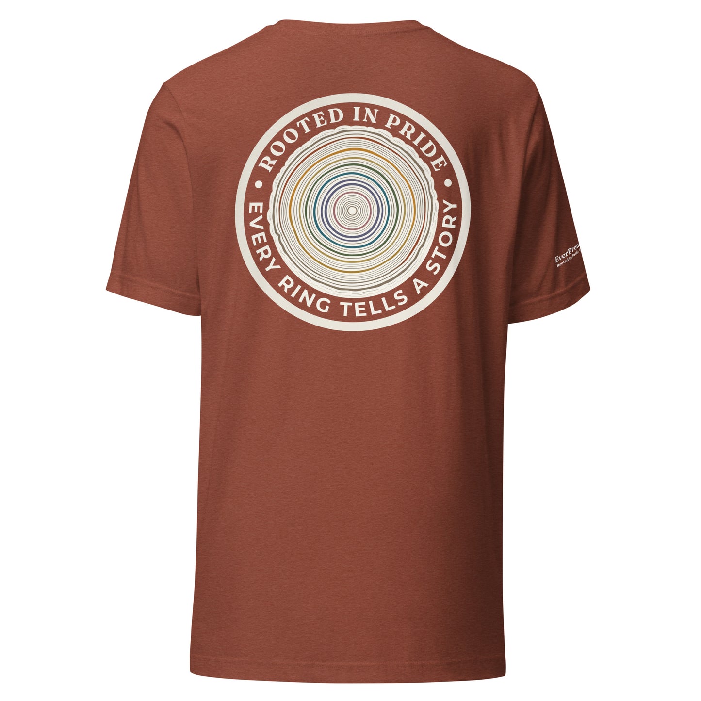 Quiet Rings T-Shirt — heather clay, back view, queer-owned PNW Pride apparel