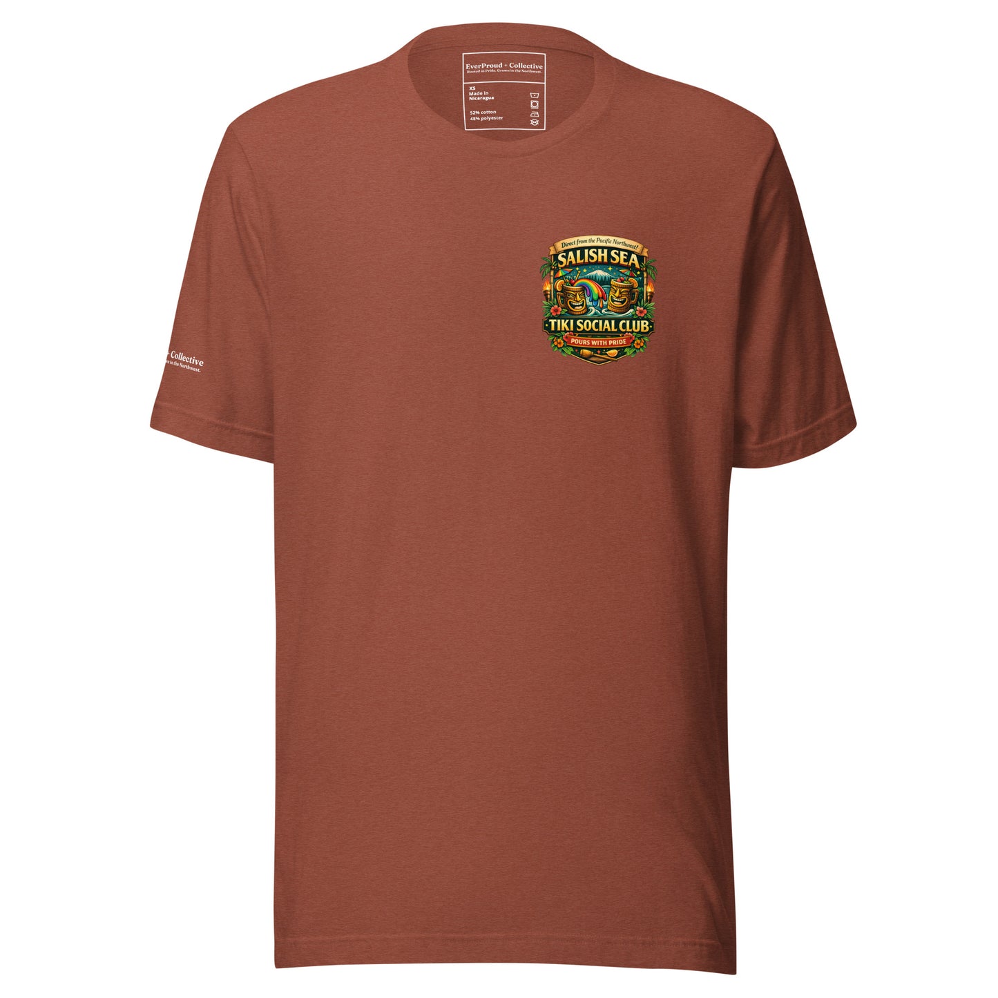 Serving Spirits Retro Tiki T-Shirt — heather clay, front view, queer-owned PNW Pride apparel
