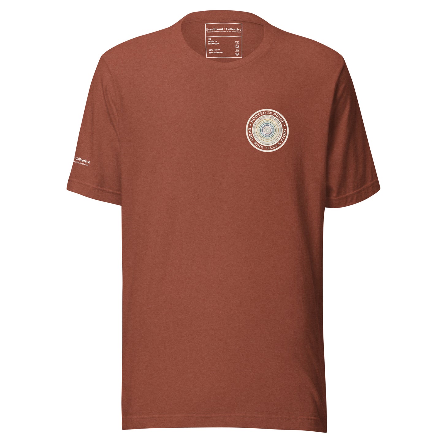 Quiet Rings T-Shirt — heather clay, front view, queer-owned PNW Pride apparel