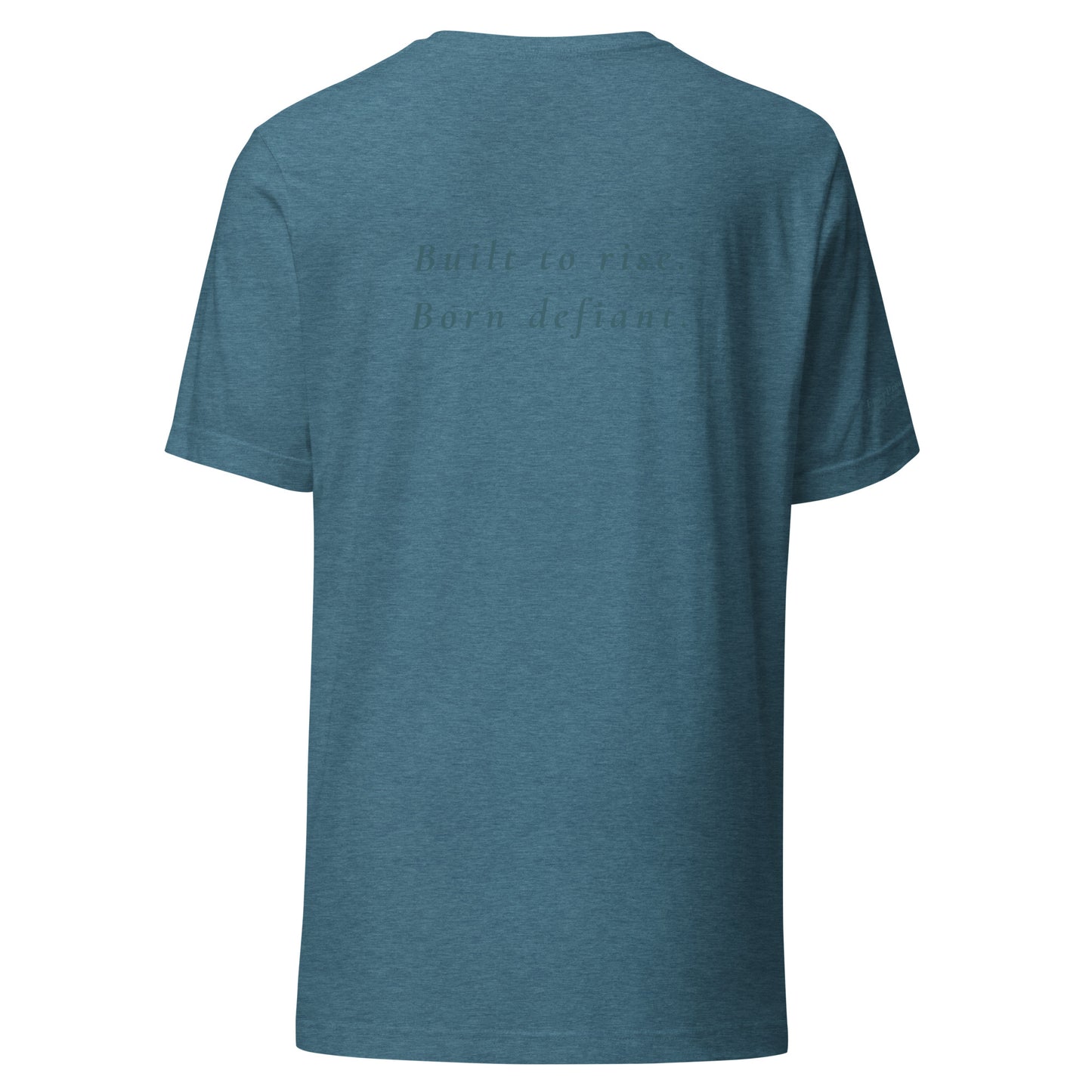 Defiant T-Shirt — heather deep teal, back view, queer-owned PNW Pride apparel
