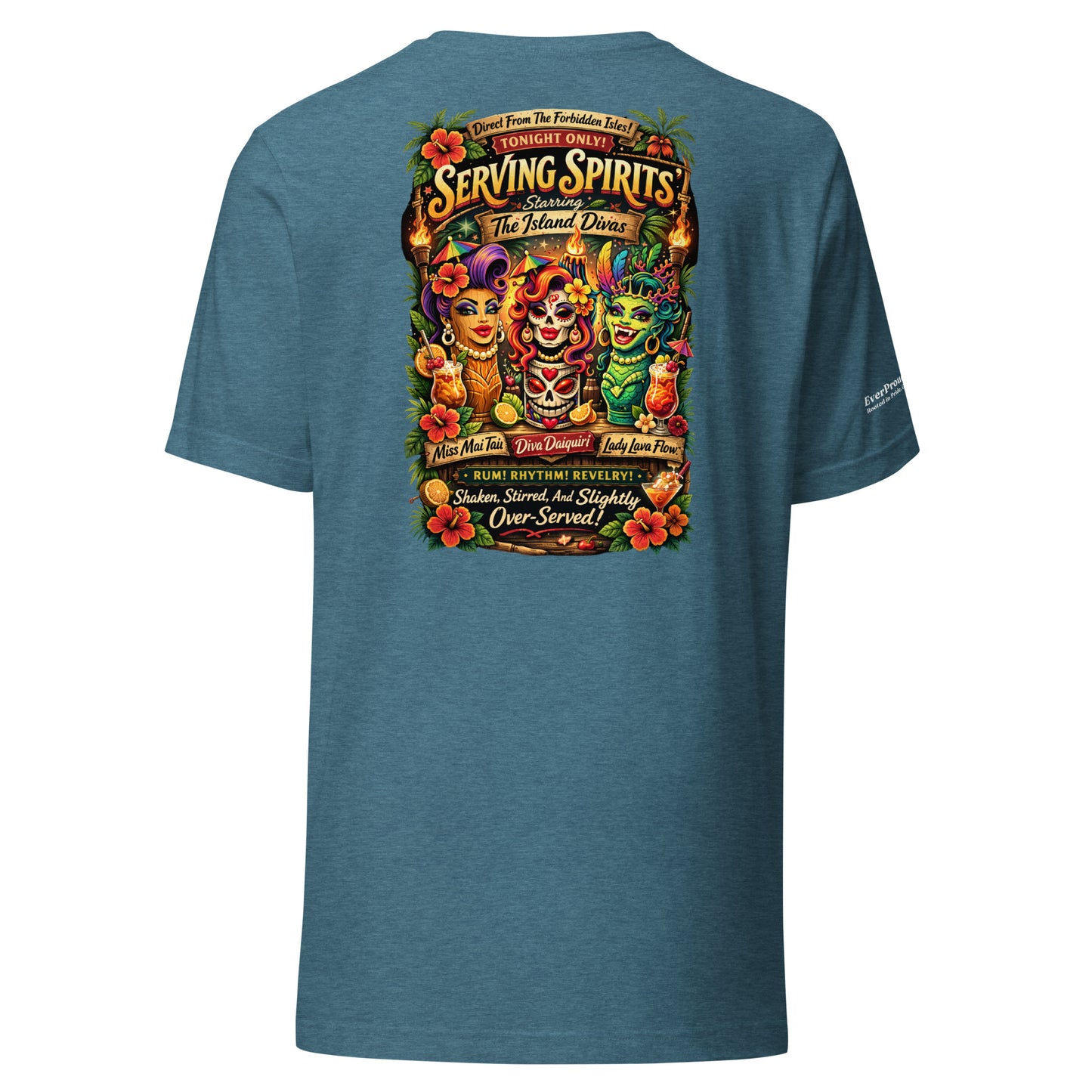 Serving Spirits Retro Tiki T-Shirt — heather deep teal, back view, queer-owned PNW Pride apparel