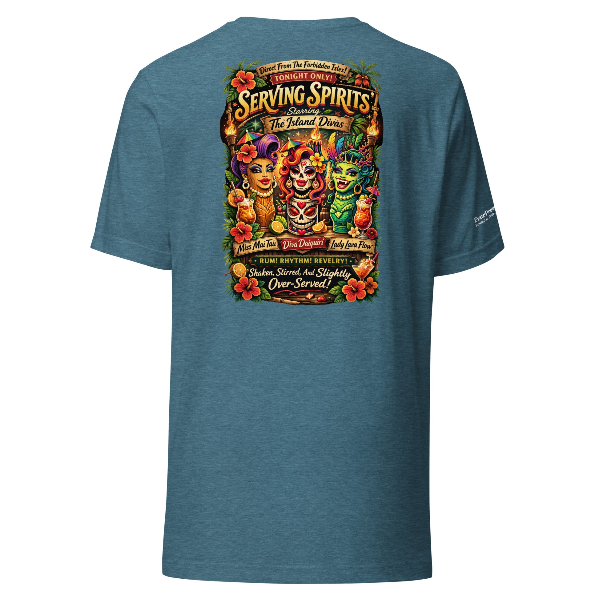 Serving Spirits Retro Tiki T-Shirt — heather deep teal, back view, queer-owned PNW Pride apparel