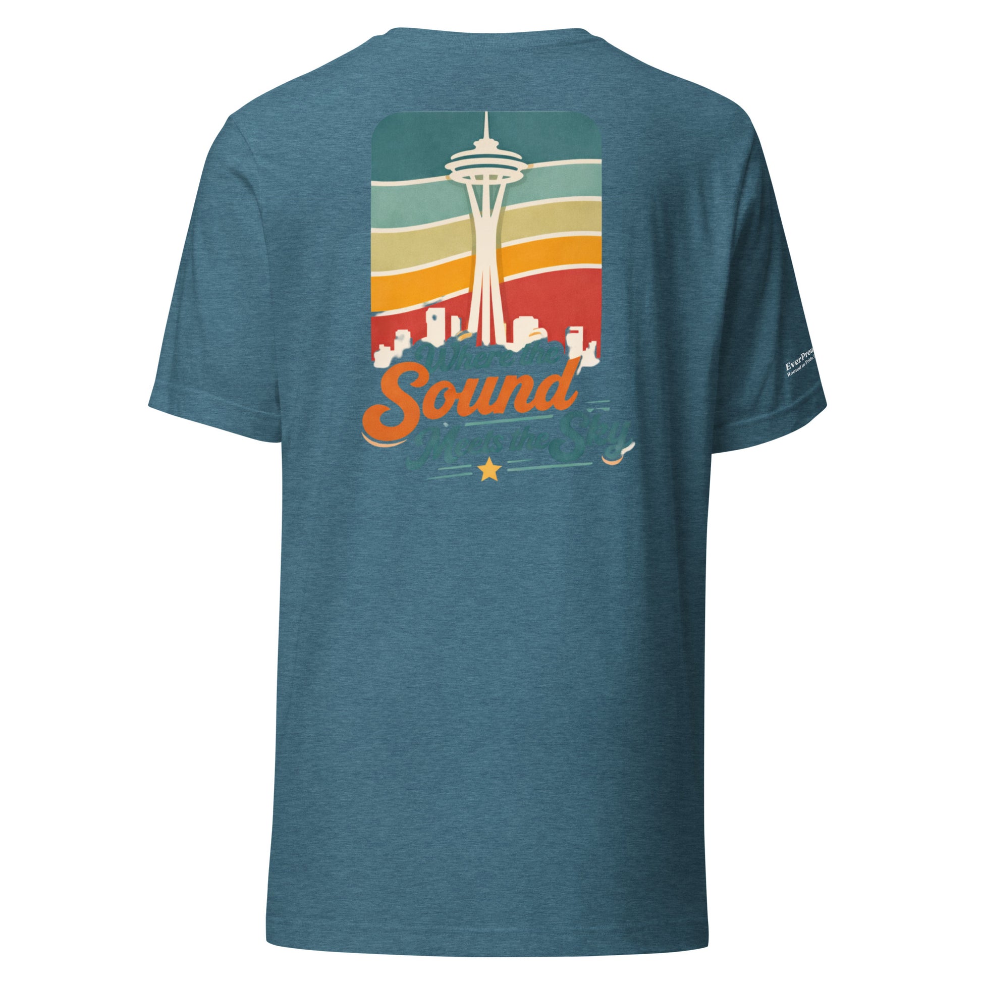 Where the Sound Meets the Sky T-Shirt — heather deep teal, back view, queer-owned PNW Pride apparel