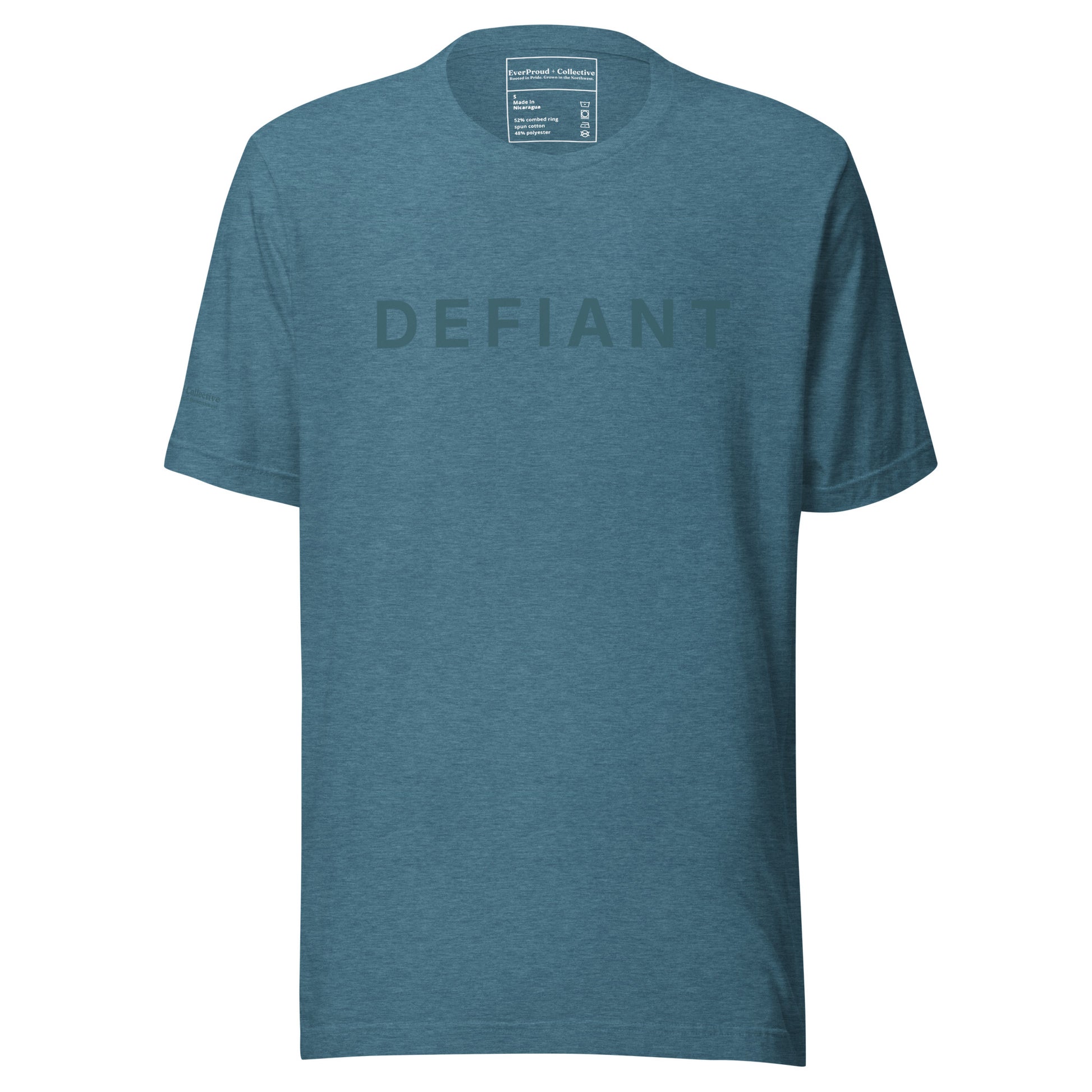 Defiant T-Shirt — heather deep teal, front view, queer-owned PNW Pride apparel