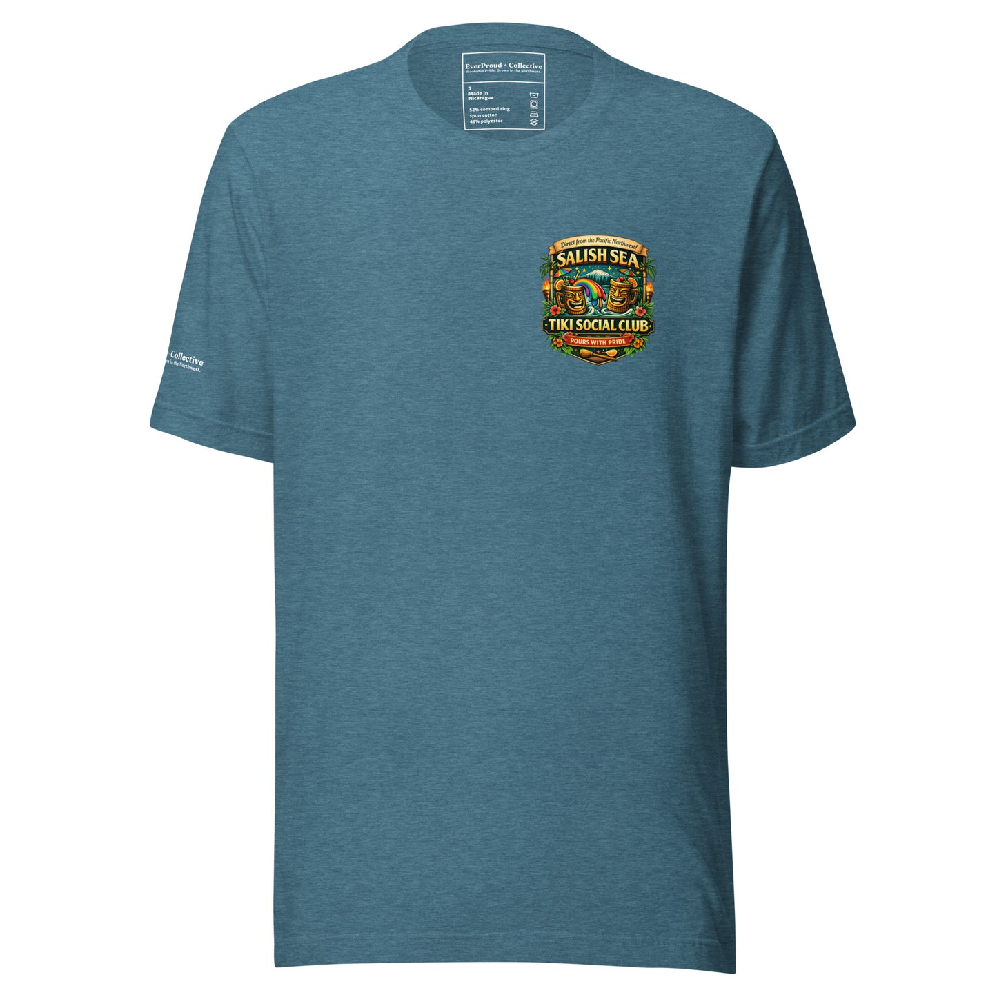 Serving Spirits Retro Tiki T-Shirt — heather deep teal, front view, queer-owned PNW Pride apparel