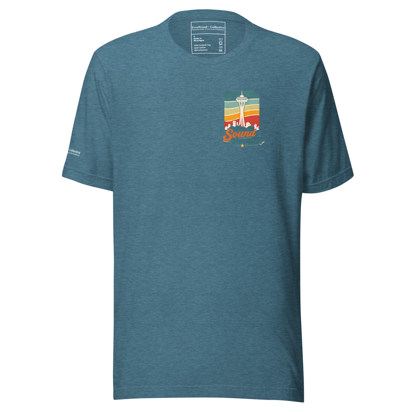 Where the Sound Meets the Sky T-Shirt — heather deep teal, front view, queer-owned PNW Pride apparel