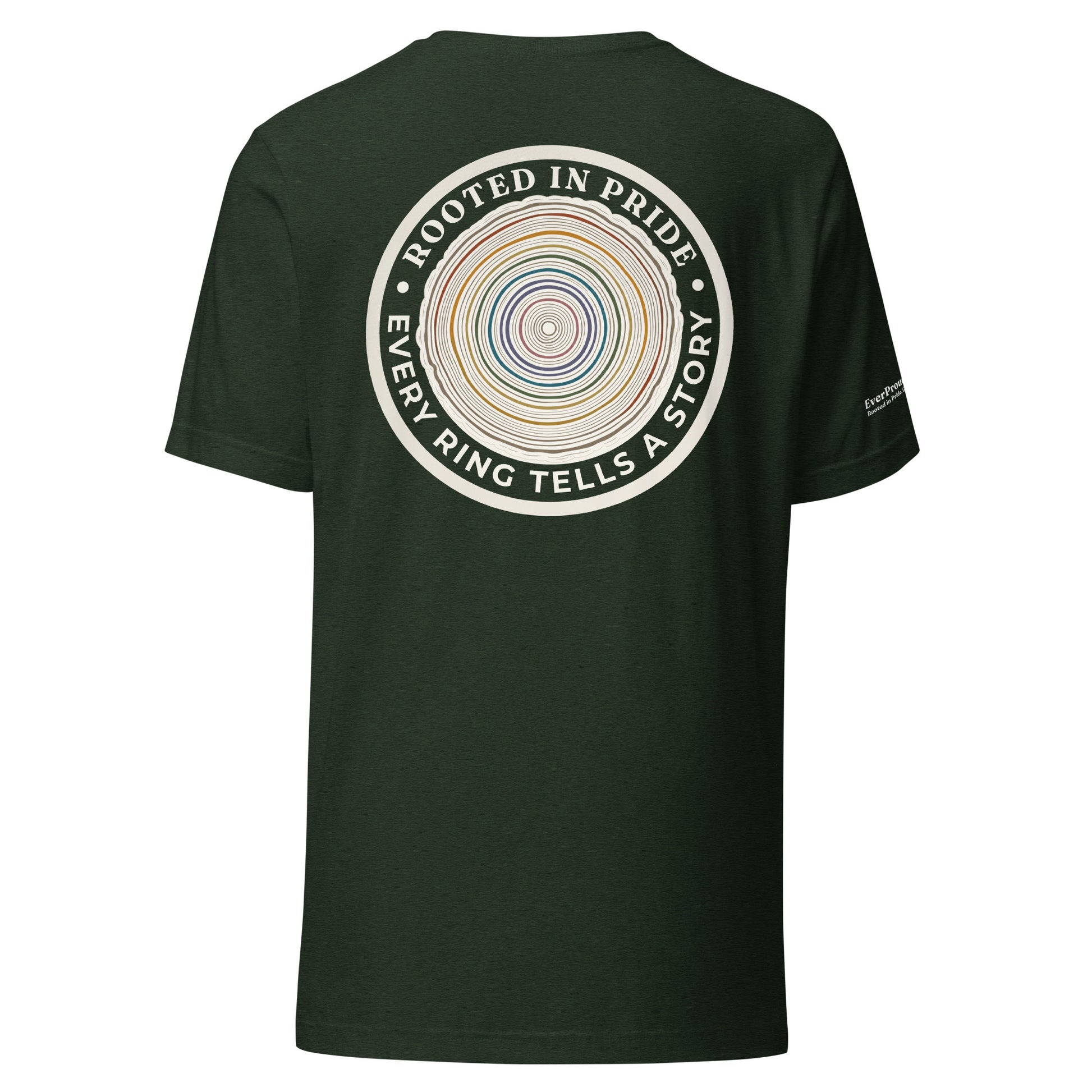 Quiet Rings T-Shirt — heather emerald, back view, queer-owned PNW Pride apparel