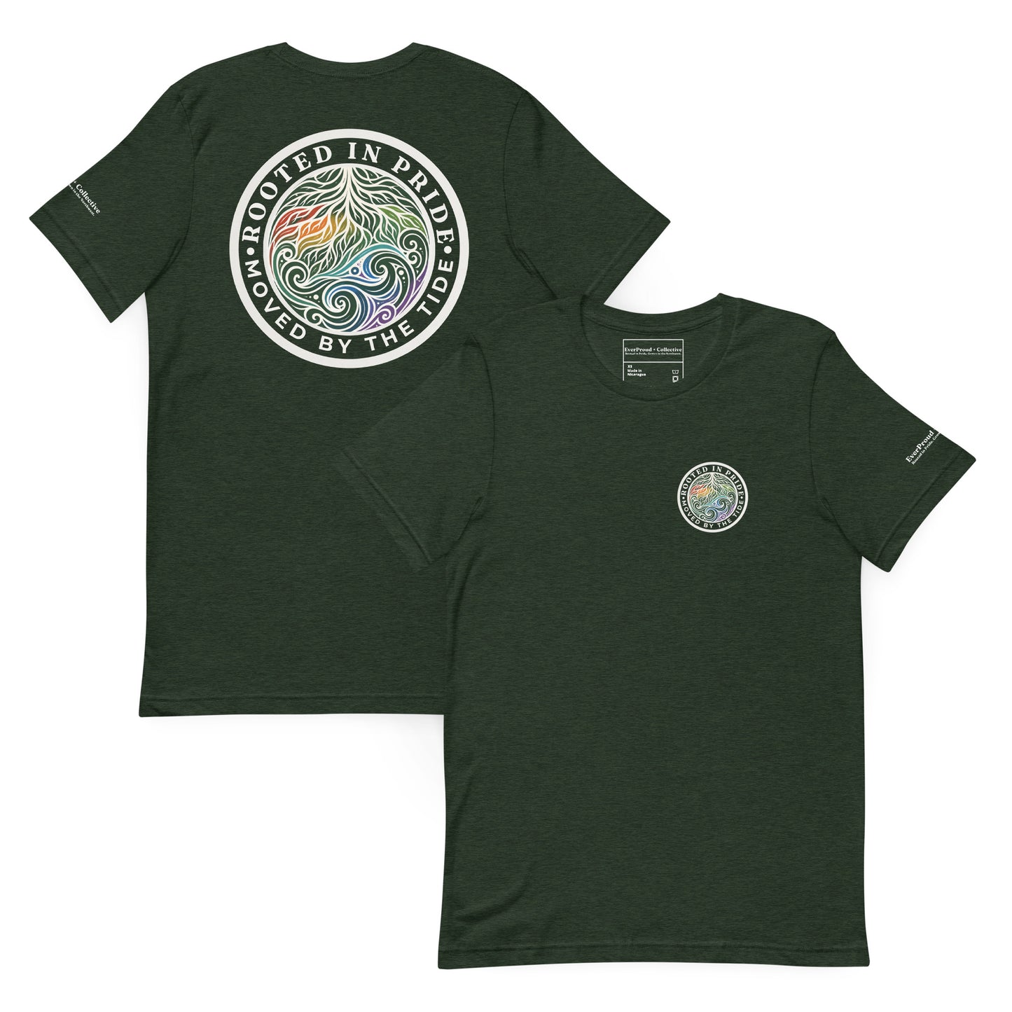 Moved by the Tide T-Shirt — heather emerald, front and back view, queer-owned PNW Pride apparel