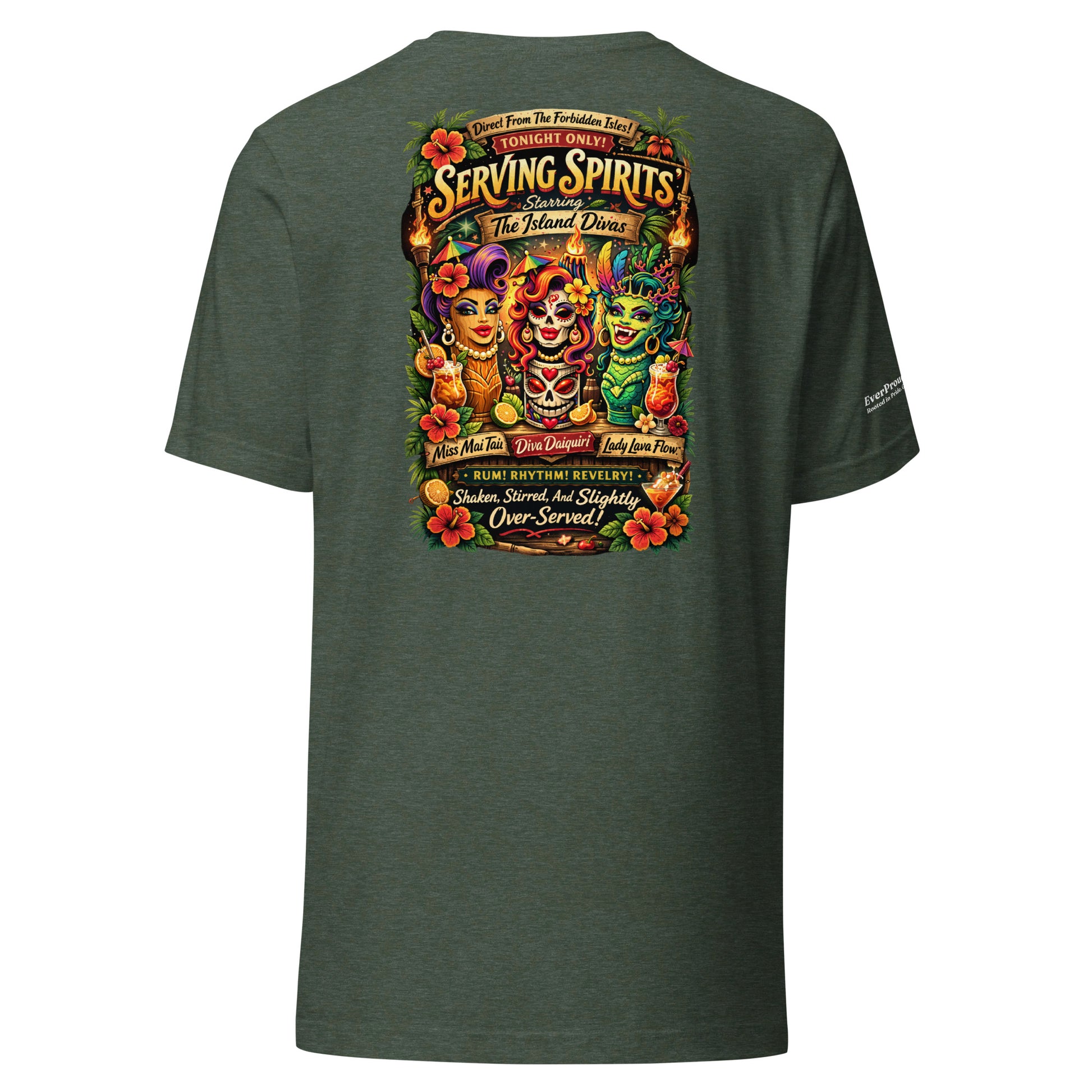 Serving Spirits Retro Tiki T-Shirt — heather forest, back view, queer-owned PNW Pride apparel