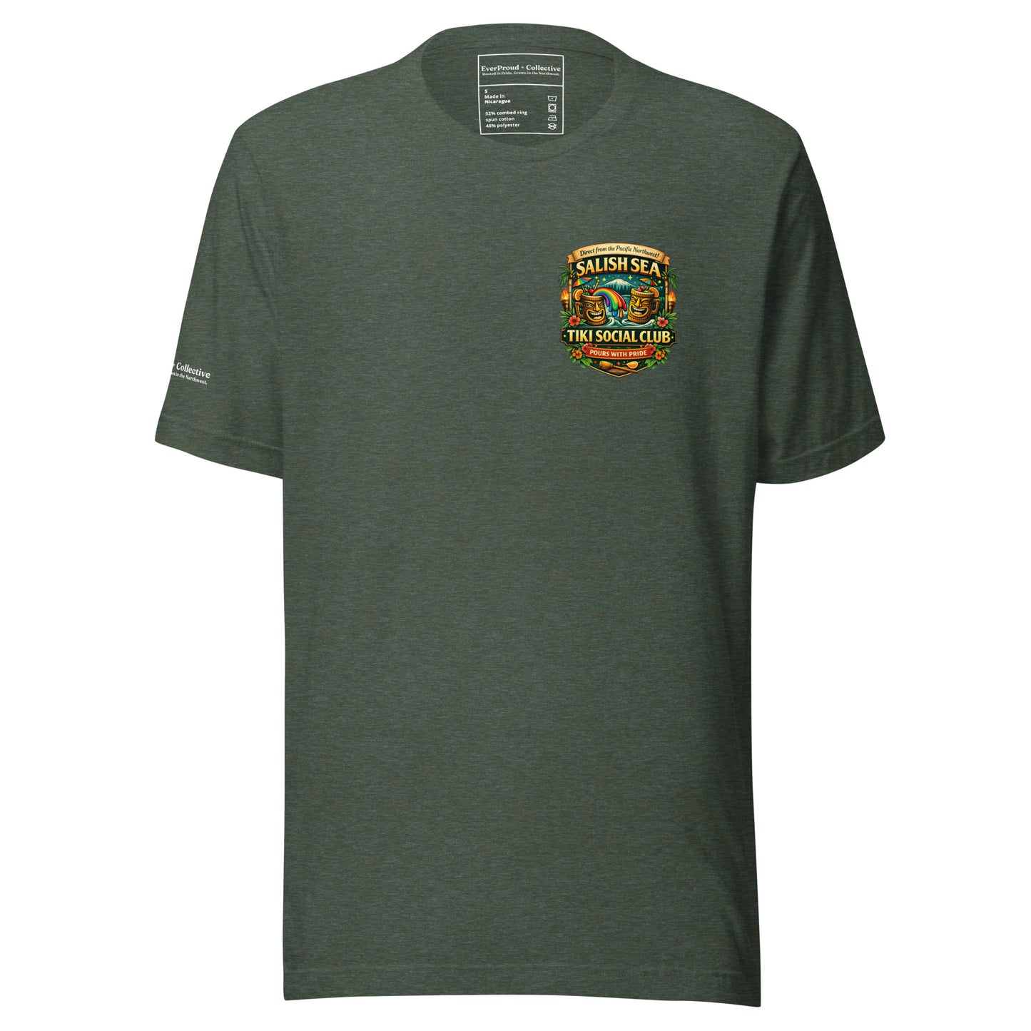Serving Spirits Retro Tiki T-Shirt — heather forest, front view, queer-owned PNW Pride apparel