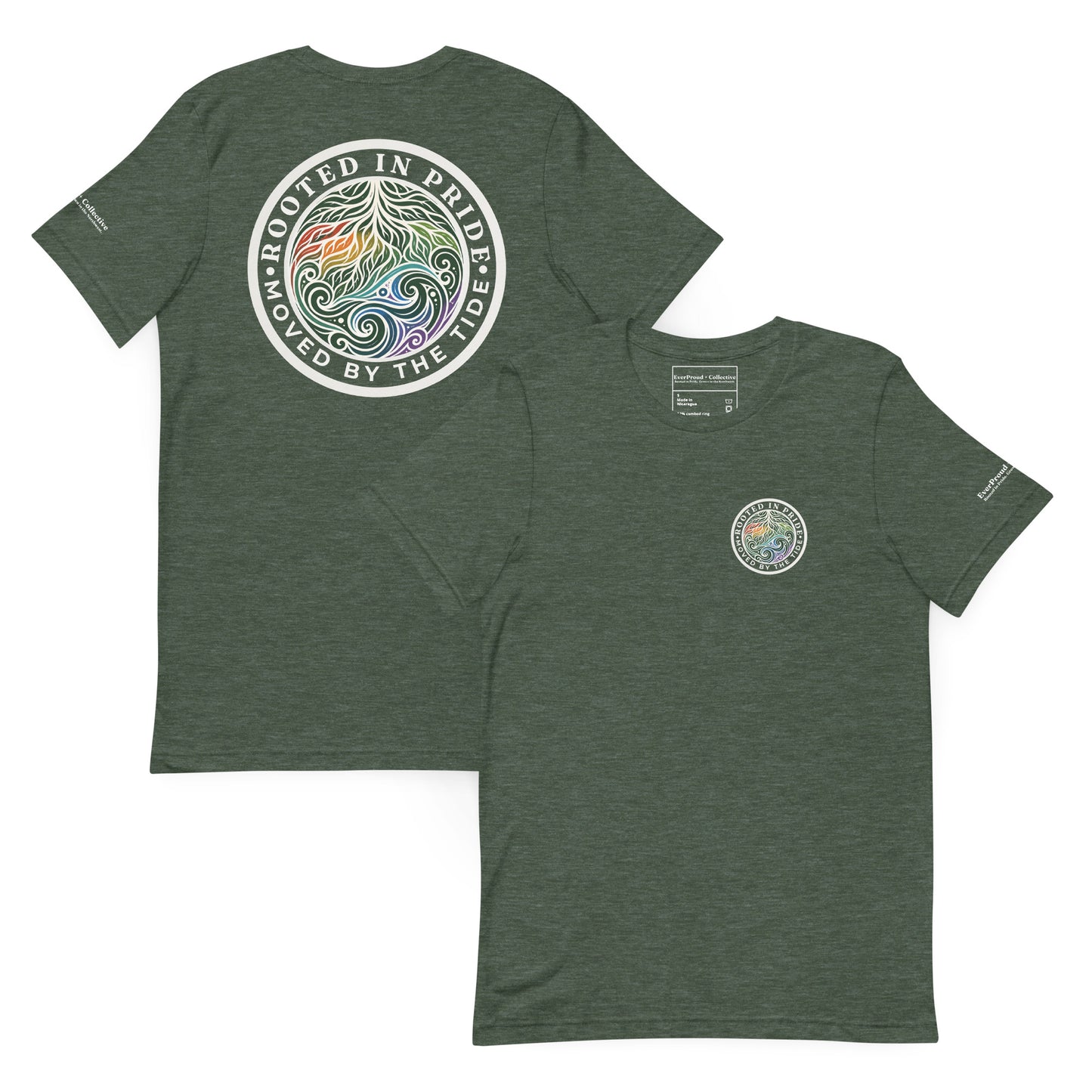 Moved by the Tide T-Shirt — heather forest, front and back view, queer-owned PNW Pride apparel