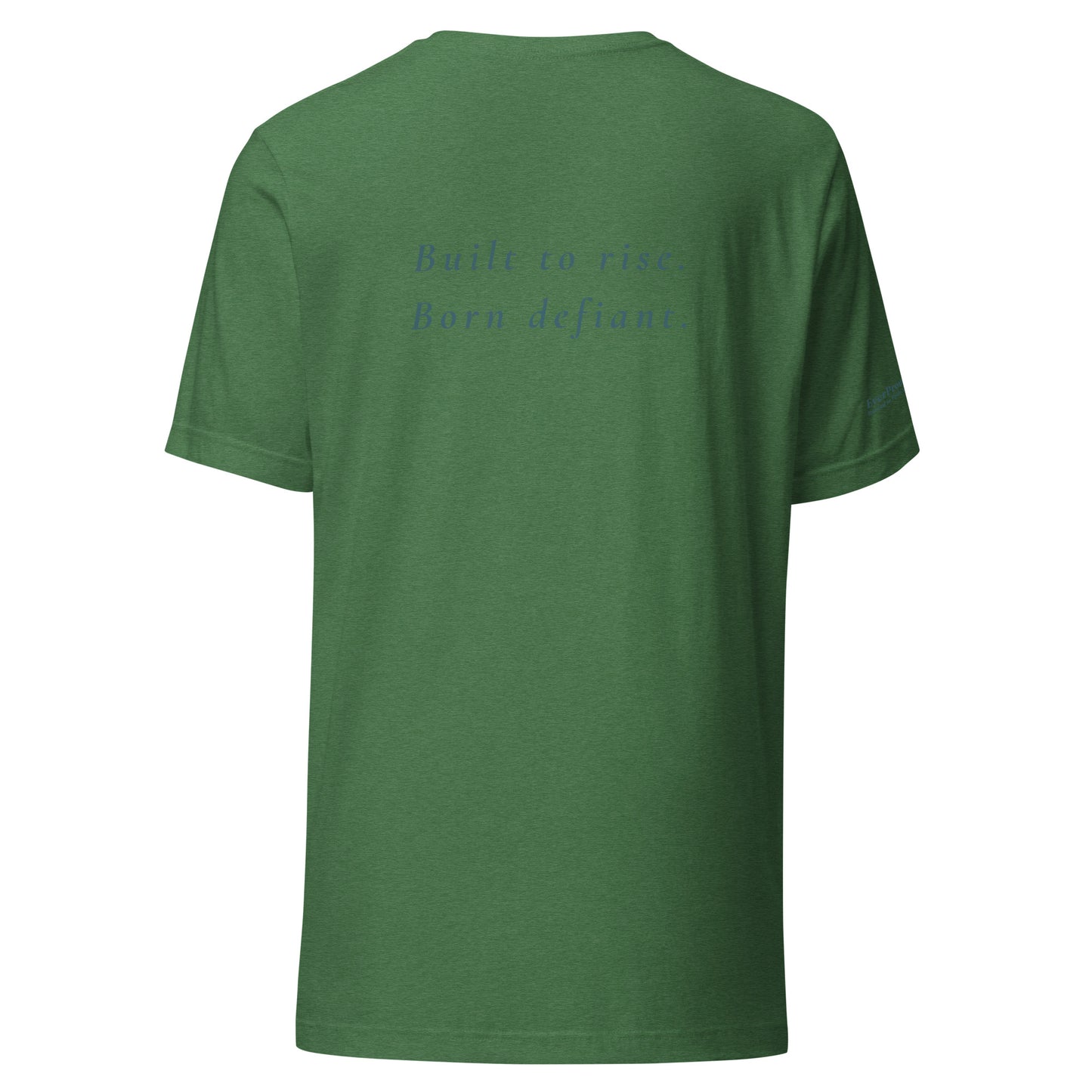 Defiant T-Shirt — heather grass green, back view, queer-owned PNW Pride apparel