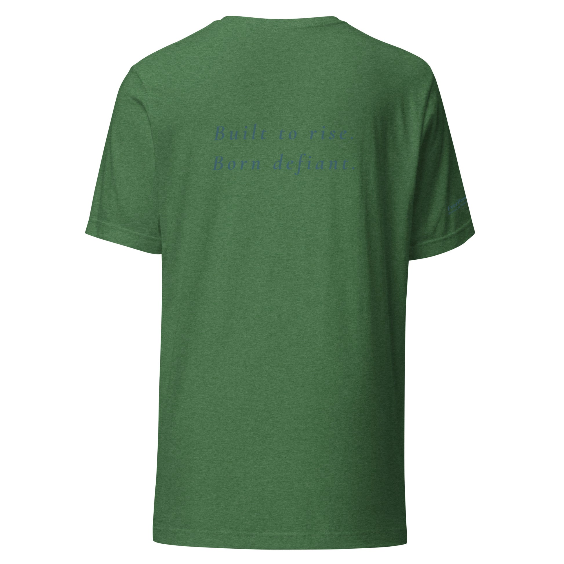 Defiant T-Shirt — heather grass green, back view, queer-owned PNW Pride apparel