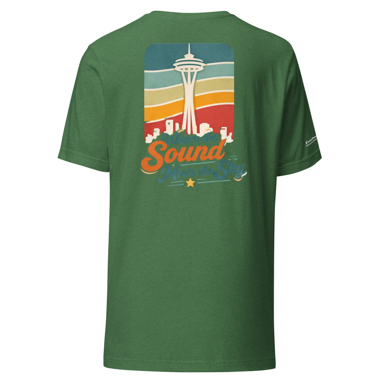 Where the Sound Meets the Sky T-Shirt — heather grass green, back view, queer-owned PNW Pride apparel