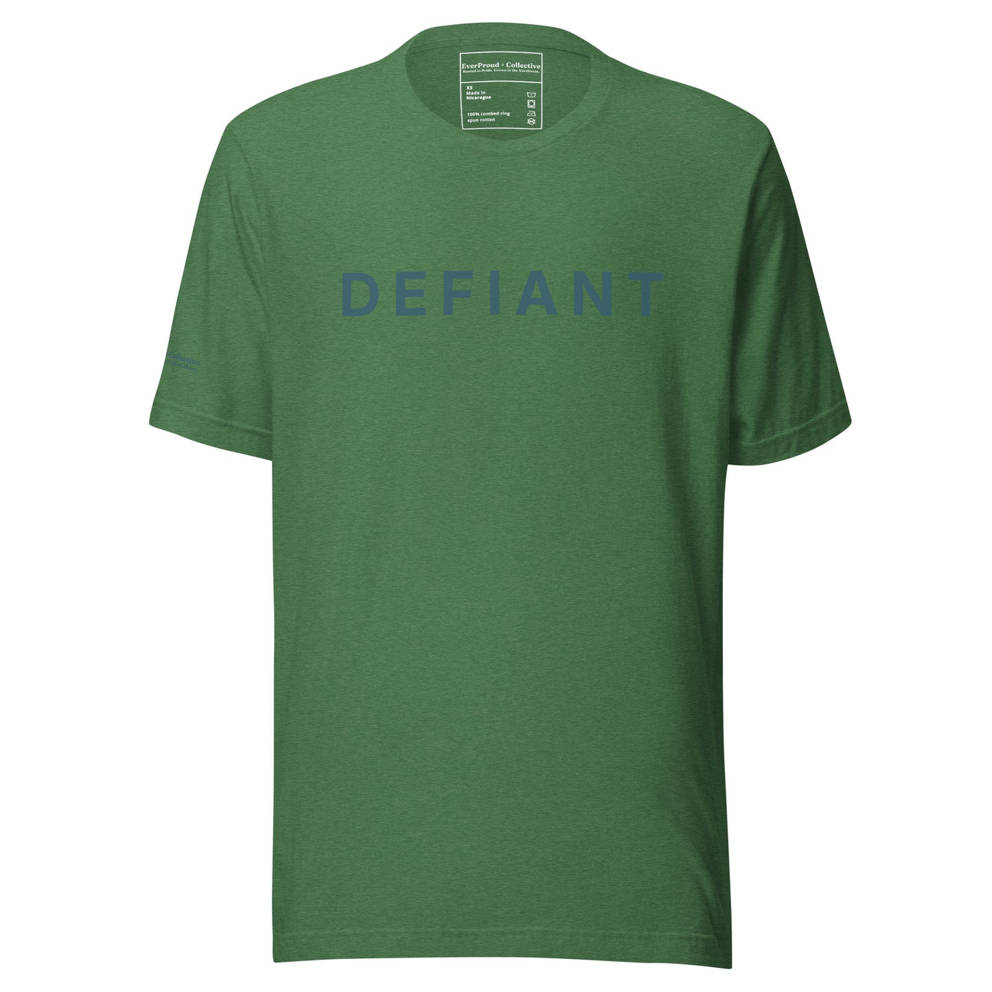 Defiant T-Shirt — heather grass green, front view, queer-owned PNW Pride apparel