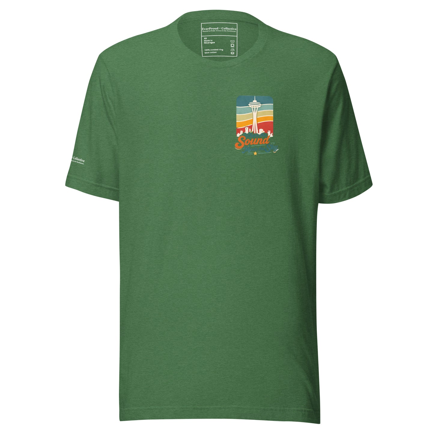 Where the Sound Meets the Sky T-Shirt — heather grass green, front view, queer-owned PNW Pride apparel