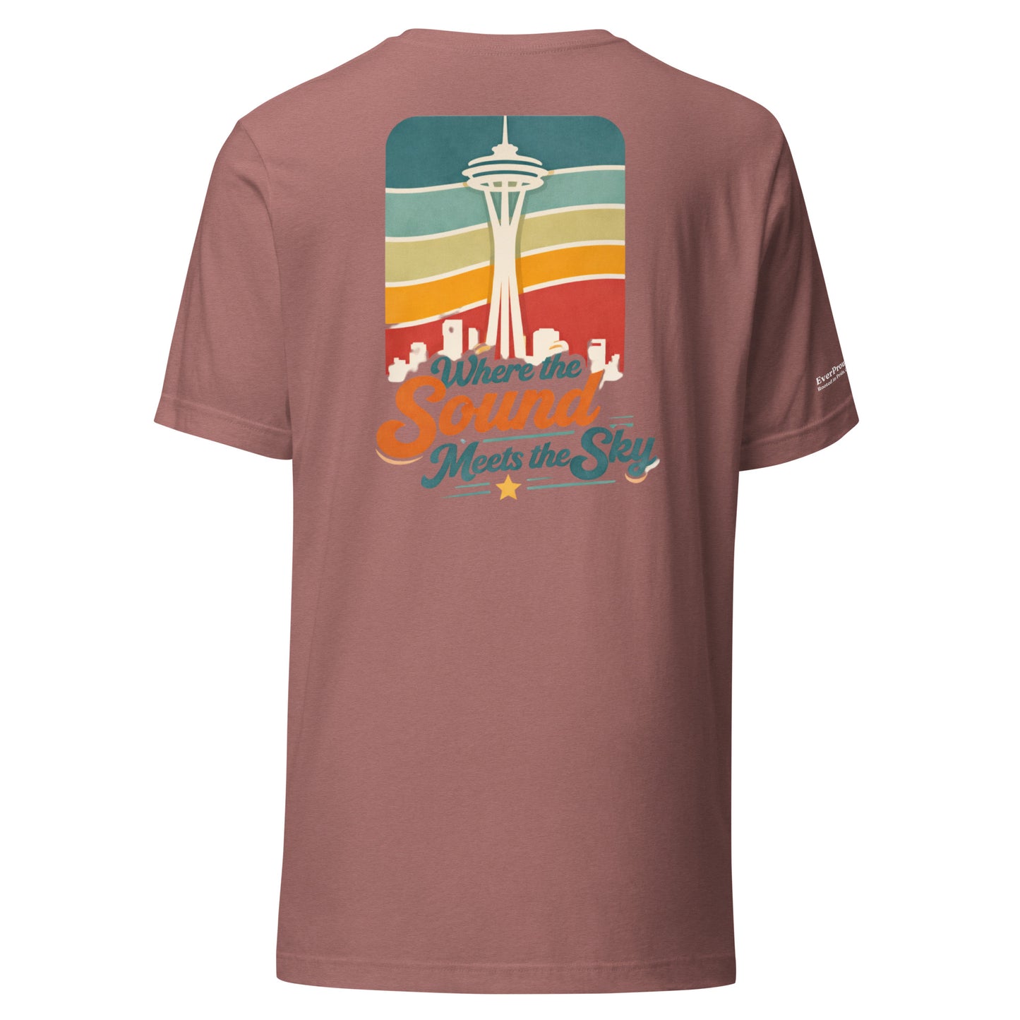 Where the Sound Meets the Sky T-Shirt — heather mauve, back view, queer-owned PNW Pride apparel