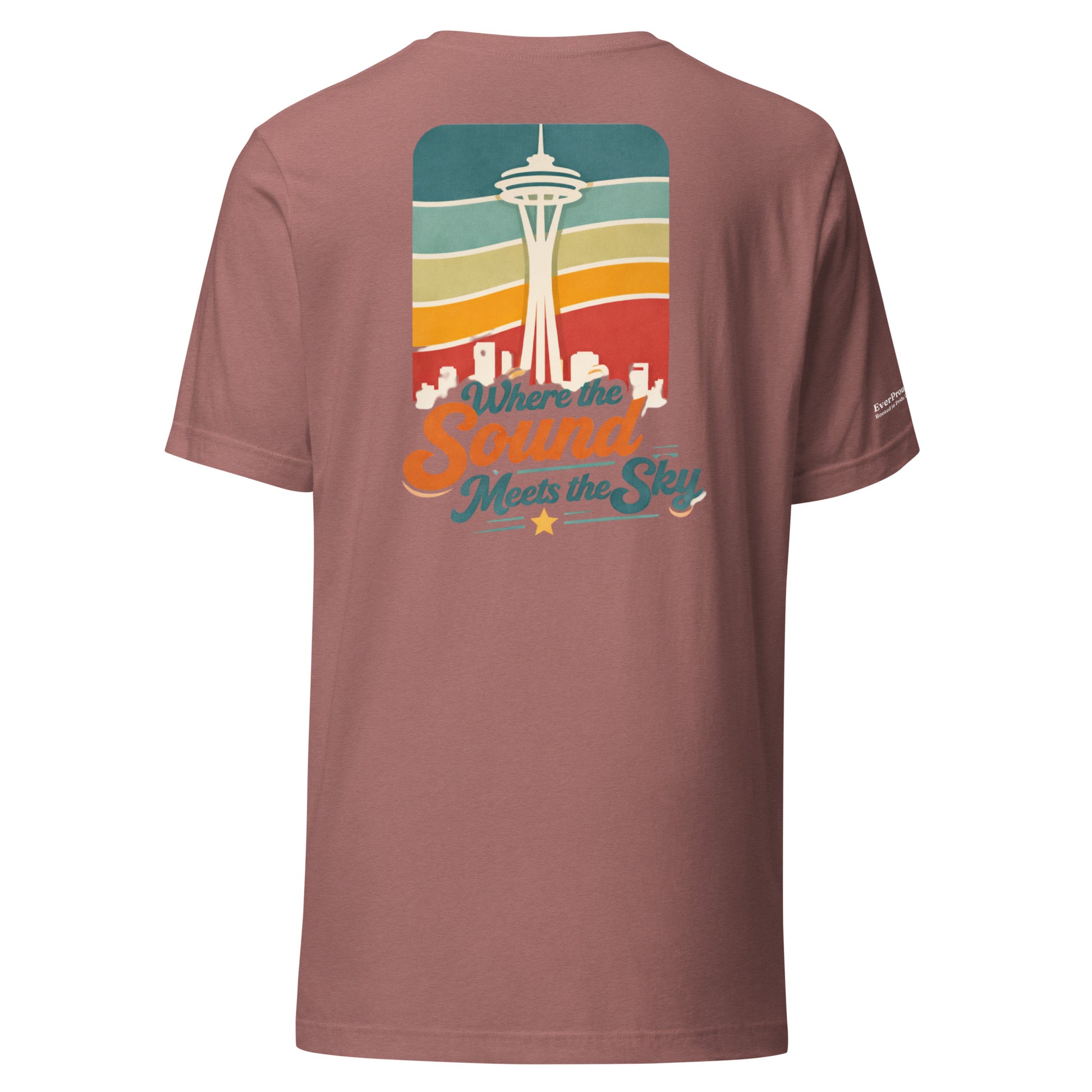 Where the Sound Meets the Sky T-Shirt — heather mauve, back view, queer-owned PNW Pride apparel
