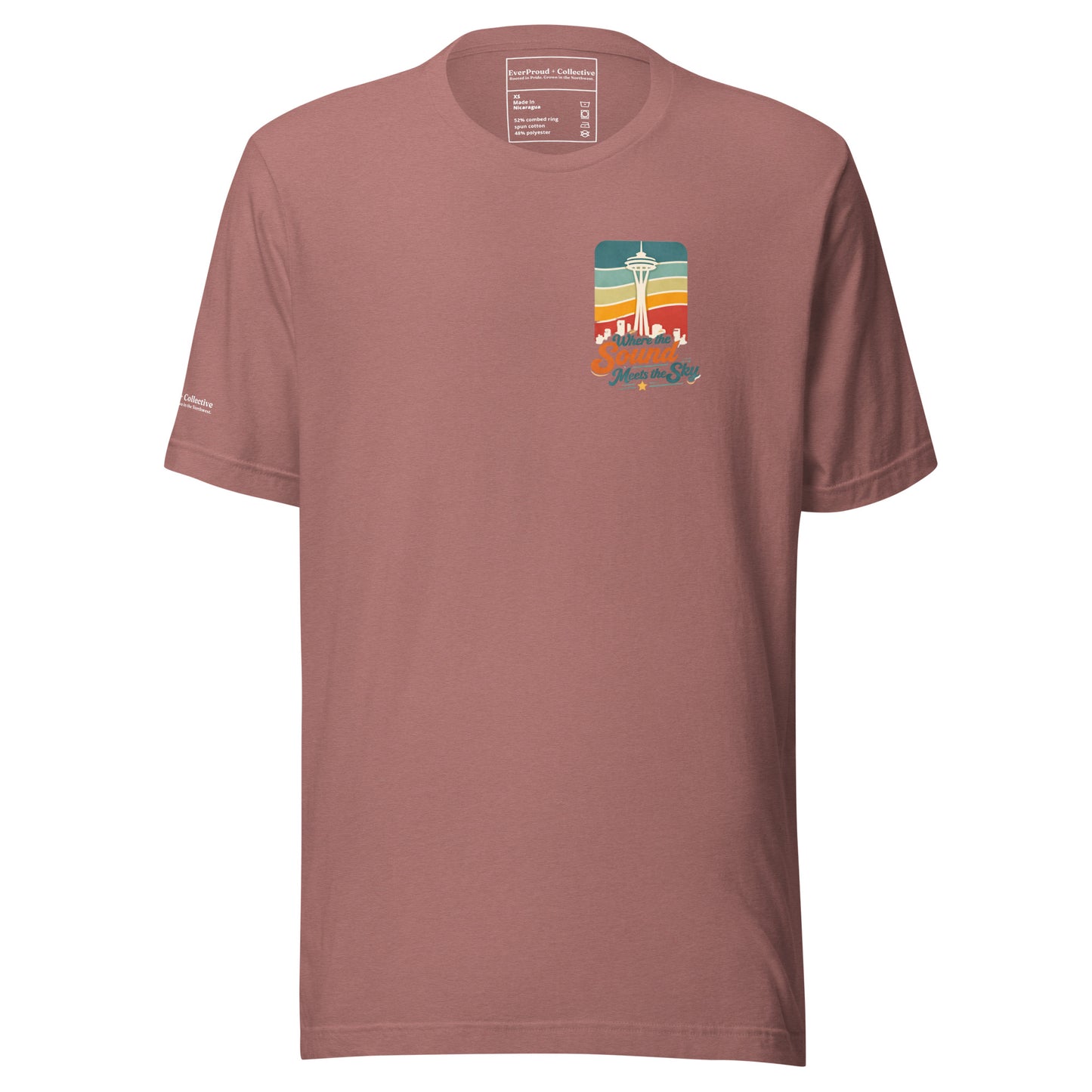 Where the Sound Meets the Sky T-Shirt — heather mauve, front view, queer-owned PNW Pride apparel