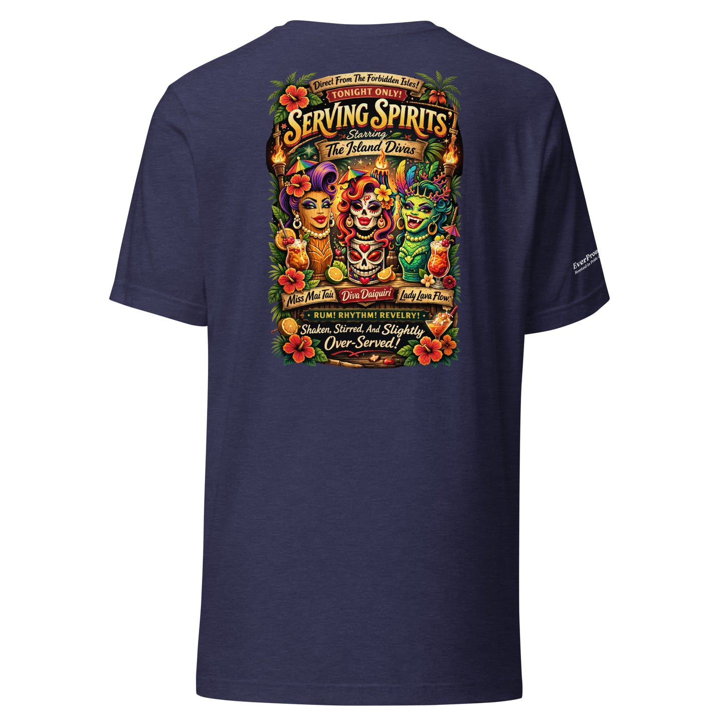 Serving Spirits Retro Tiki T-Shirt — heather midnight navy, back view, queer-owned PNW Pride apparel